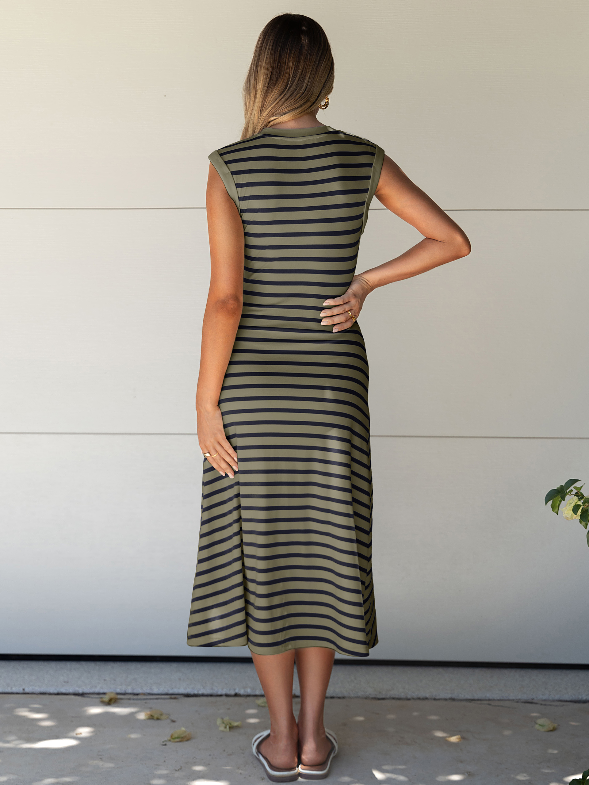 Striped Sleeveless Crew Neck A-Line Midi Dress