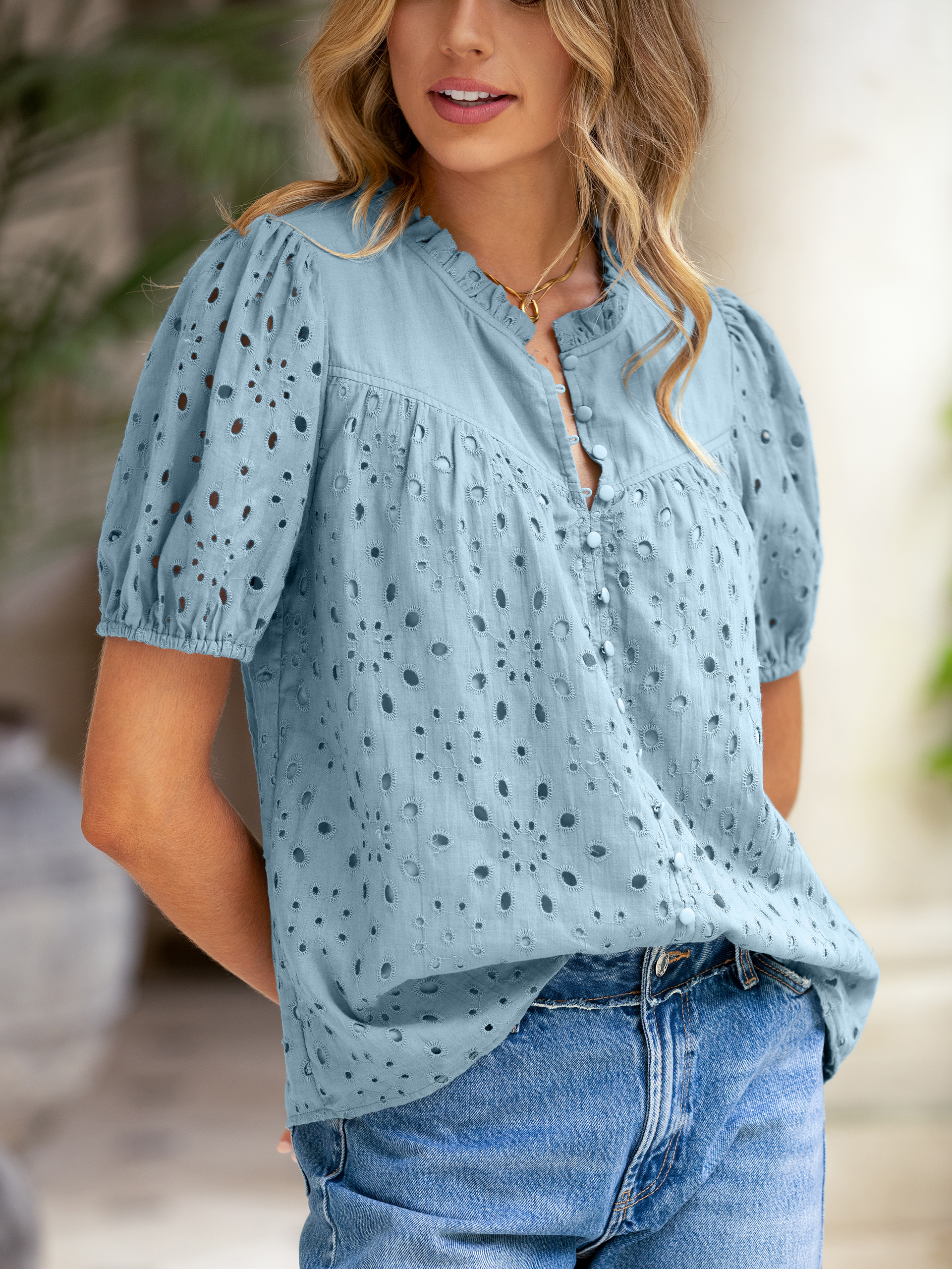 Hollow Out Puff Sleeve Cotton Lace Blouse