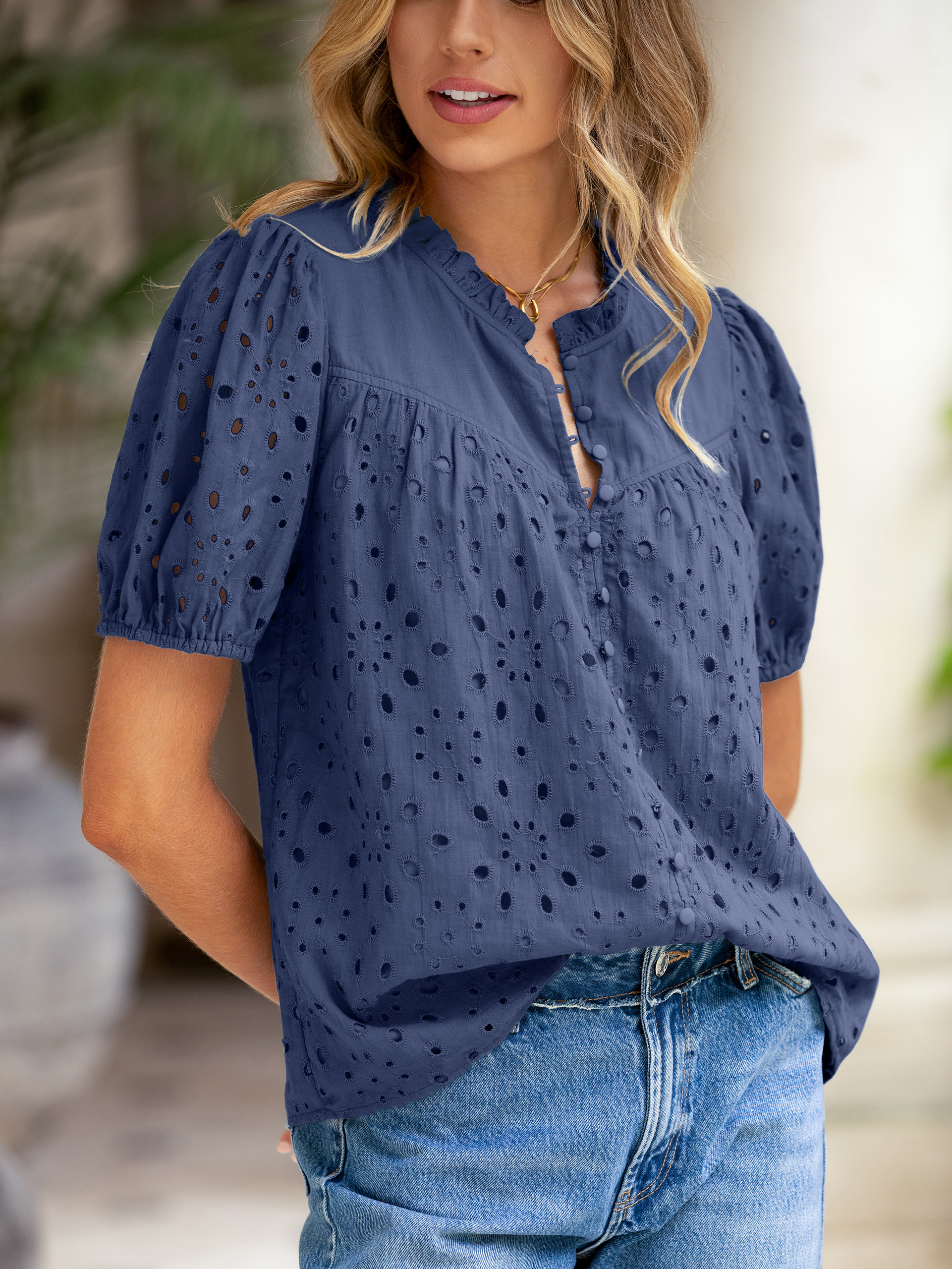 Hollow Out Puff Sleeve Cotton Lace Blouse