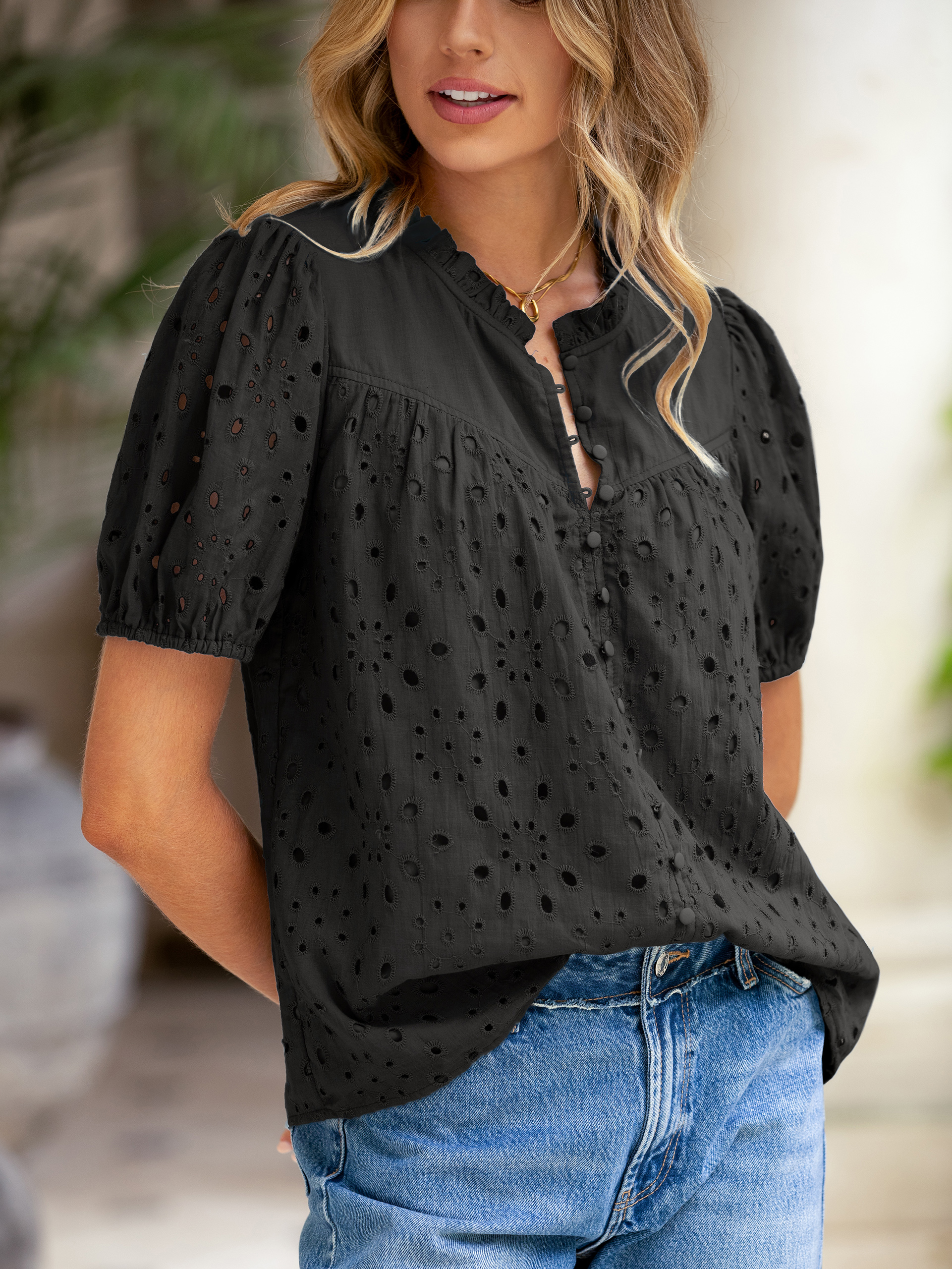 Hollow Out Puff Sleeve Cotton Lace Blouse
