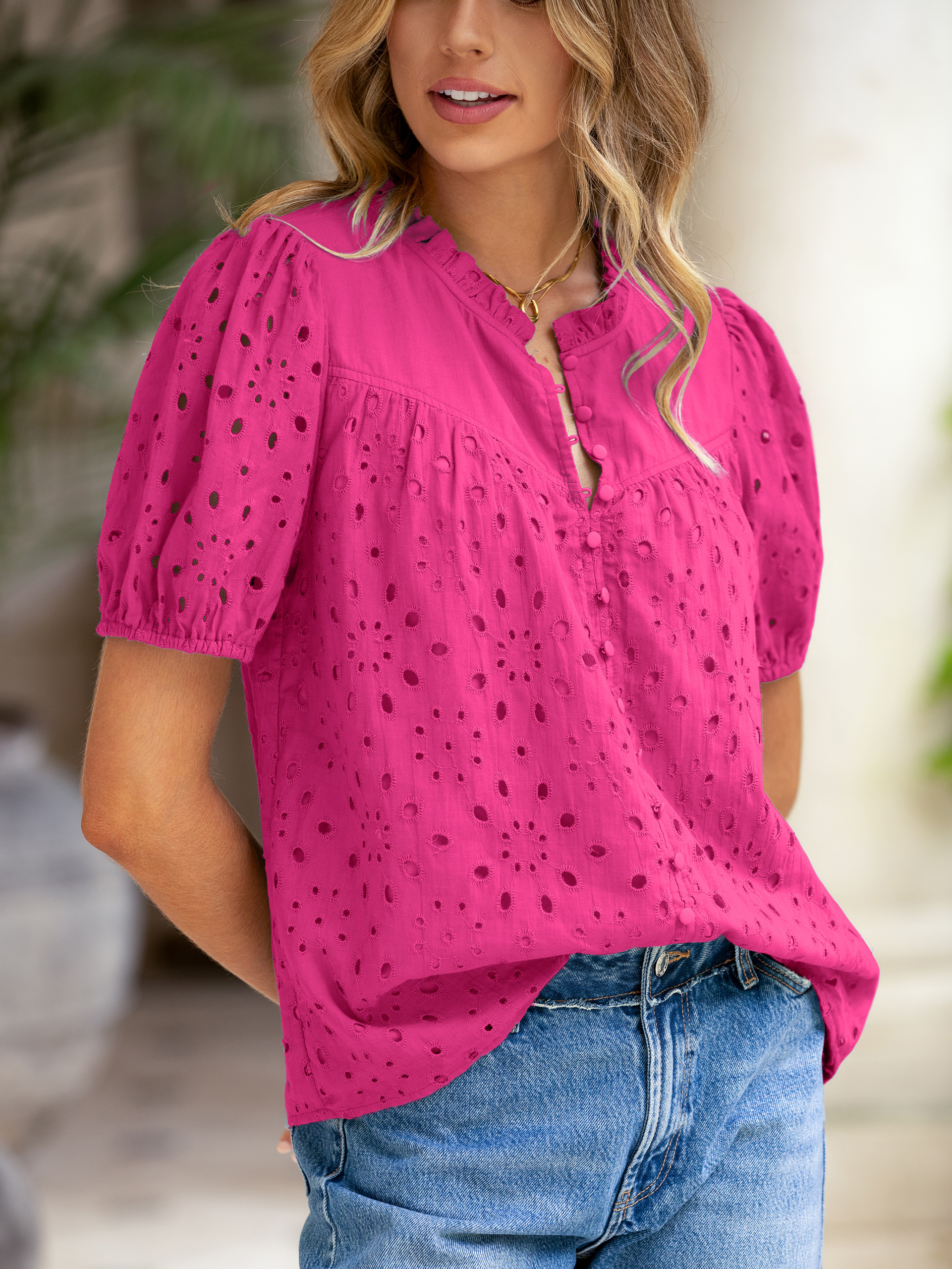 Hollow Out Puff Sleeve Cotton Lace Blouse