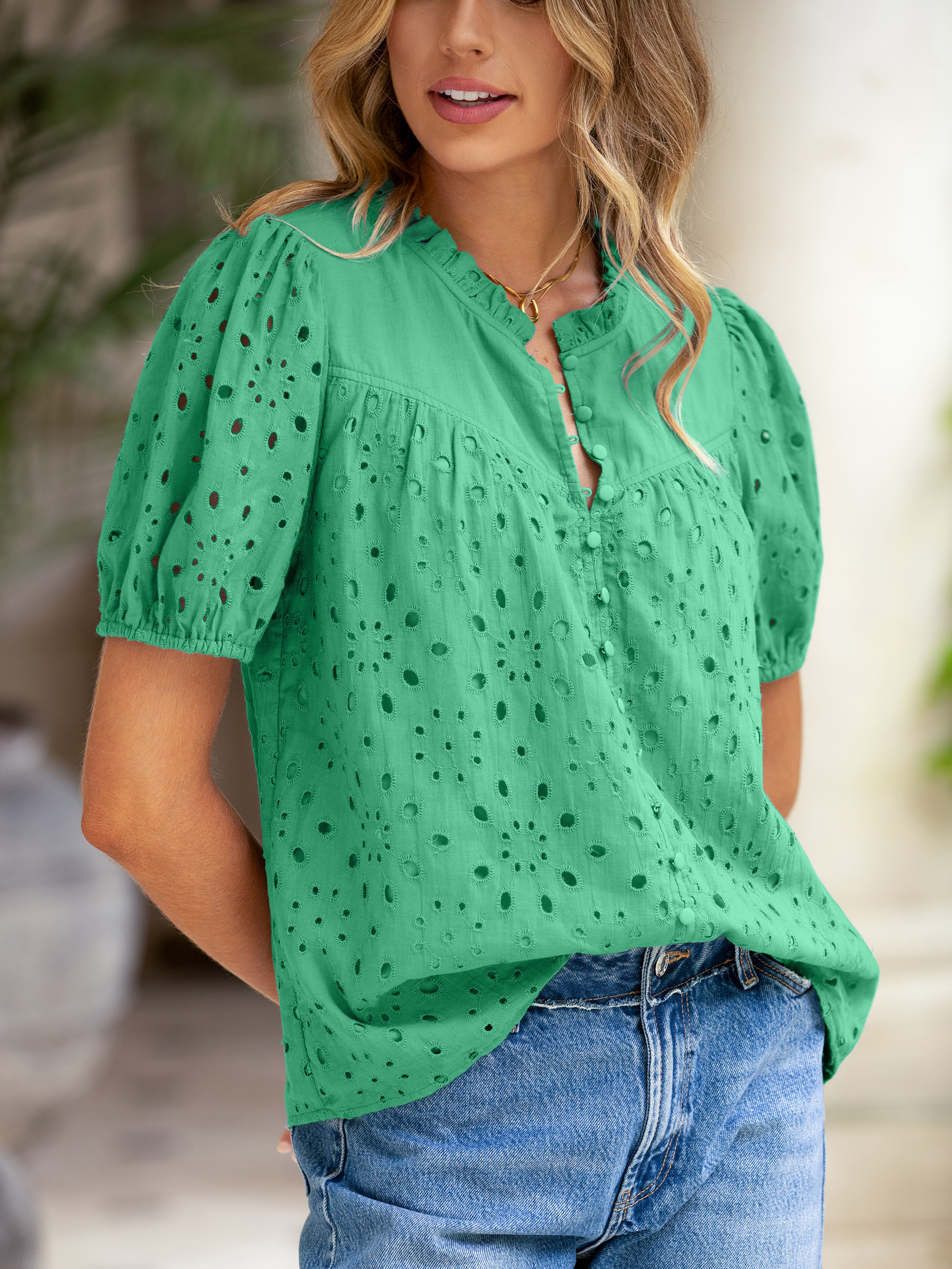 Hollow Out Puff Sleeve Cotton Lace Blouse