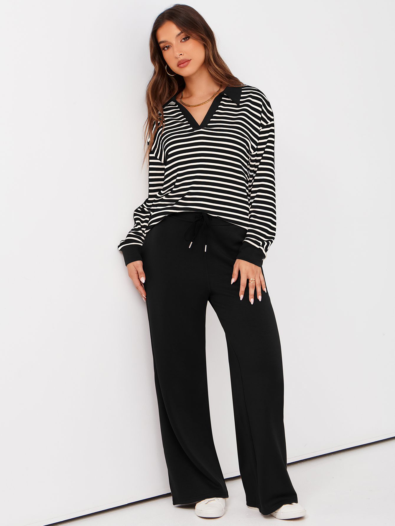 V-Neck Polo Striped Top Wide Leg Lounge Set