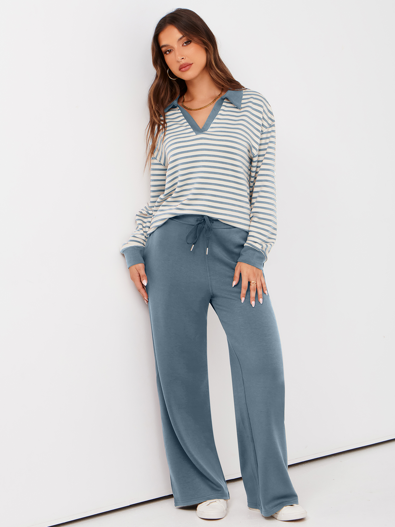 V-Neck Polo Striped Top Wide Leg Lounge Set