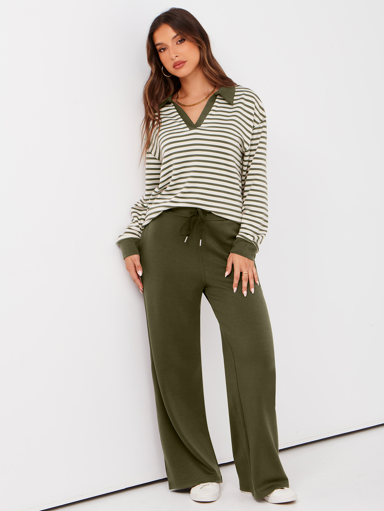 V-Neck Polo Striped Top Wide Leg Lounge Set