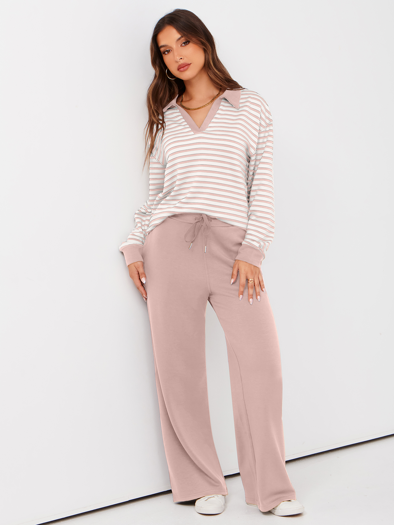 V-Neck Polo Striped Top Wide Leg Lounge Set