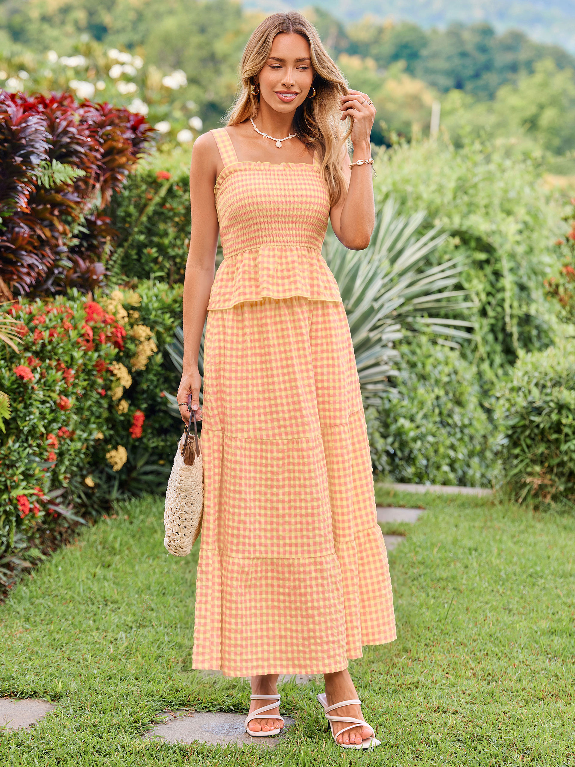 Gingham Smocked Tank Top and Maxi Skirt Set - Yellow Pink