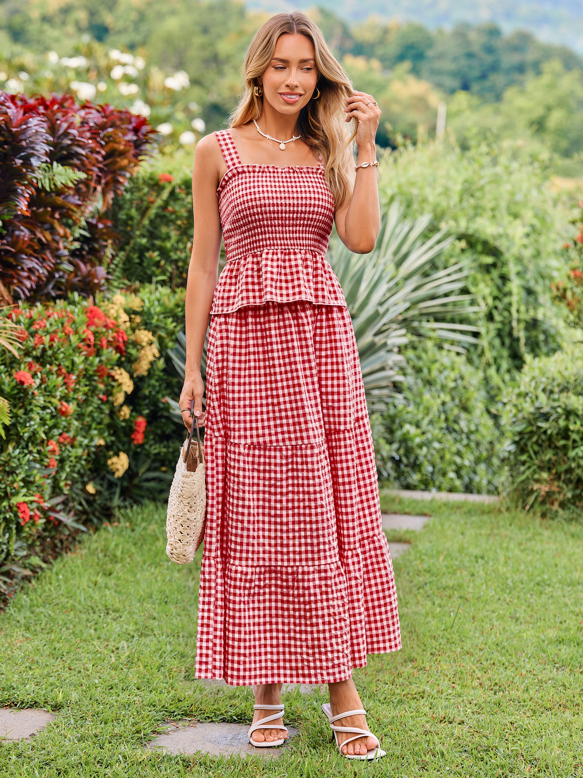 Gingham Smocked Tank Top and Maxi Skirt Set - Red