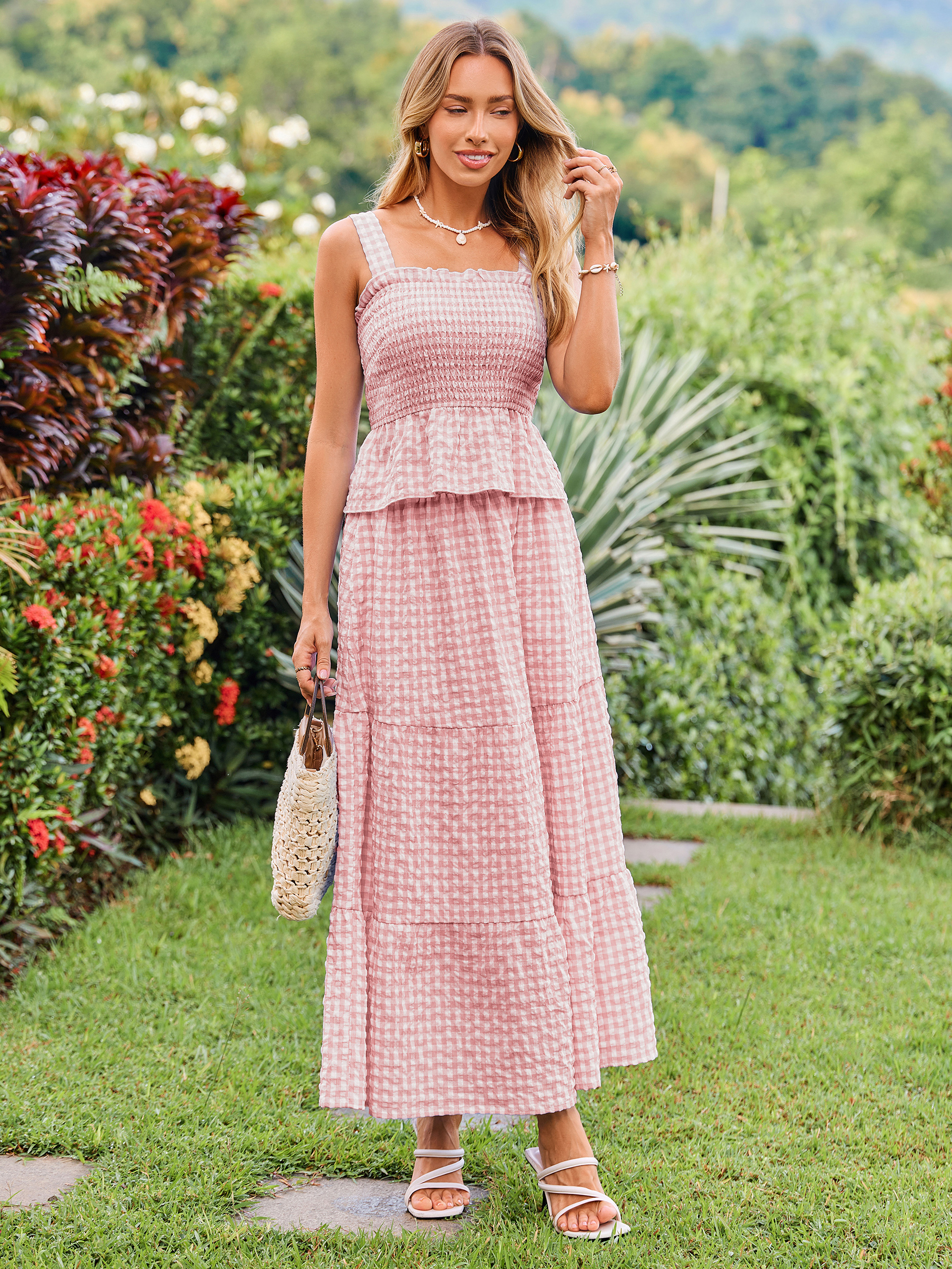 Gingham Smocked Tank Top and Maxi Skirt Set - Pink