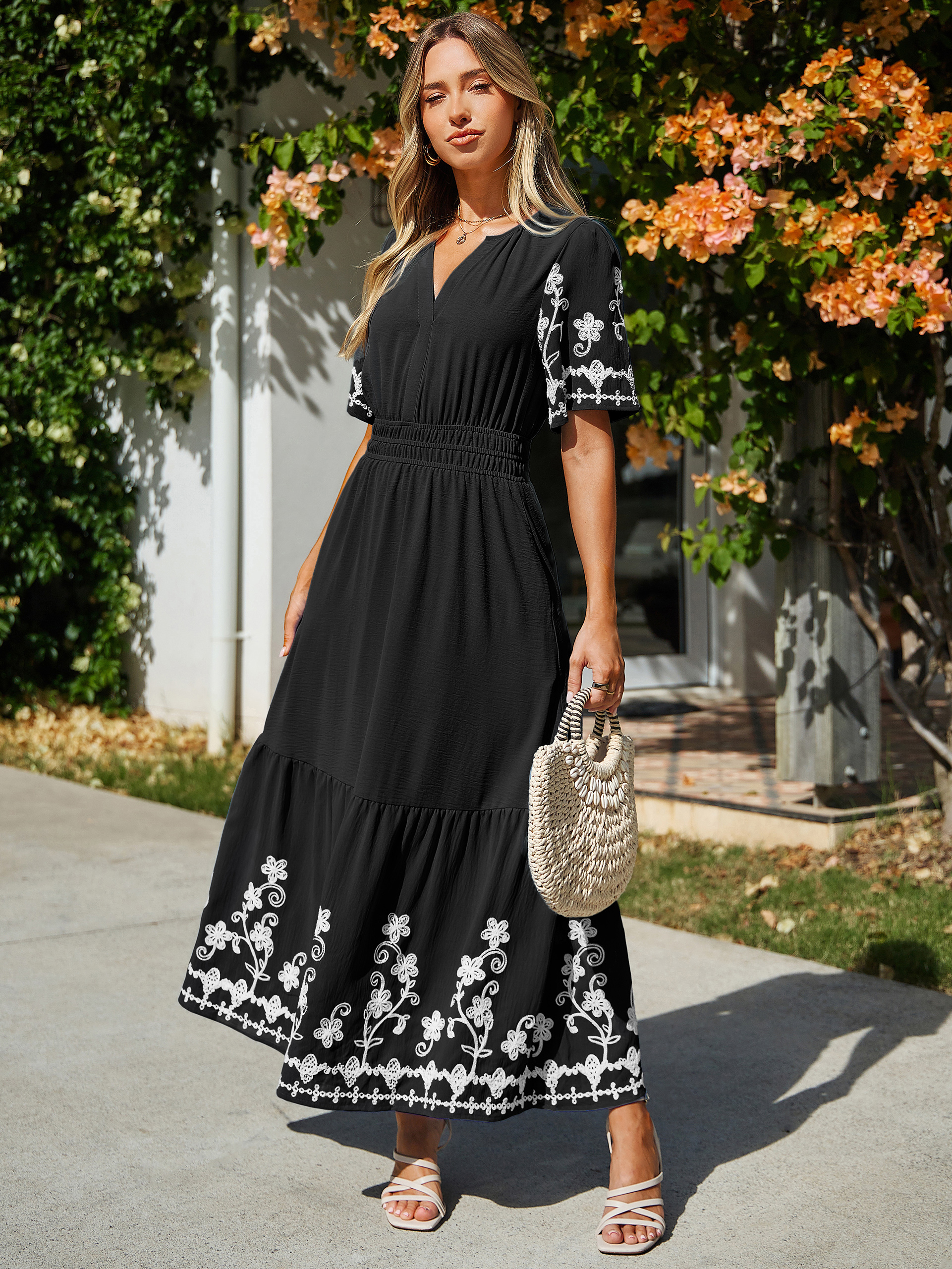 Floral Embroidery V-Neck A-Line Maxi Dress