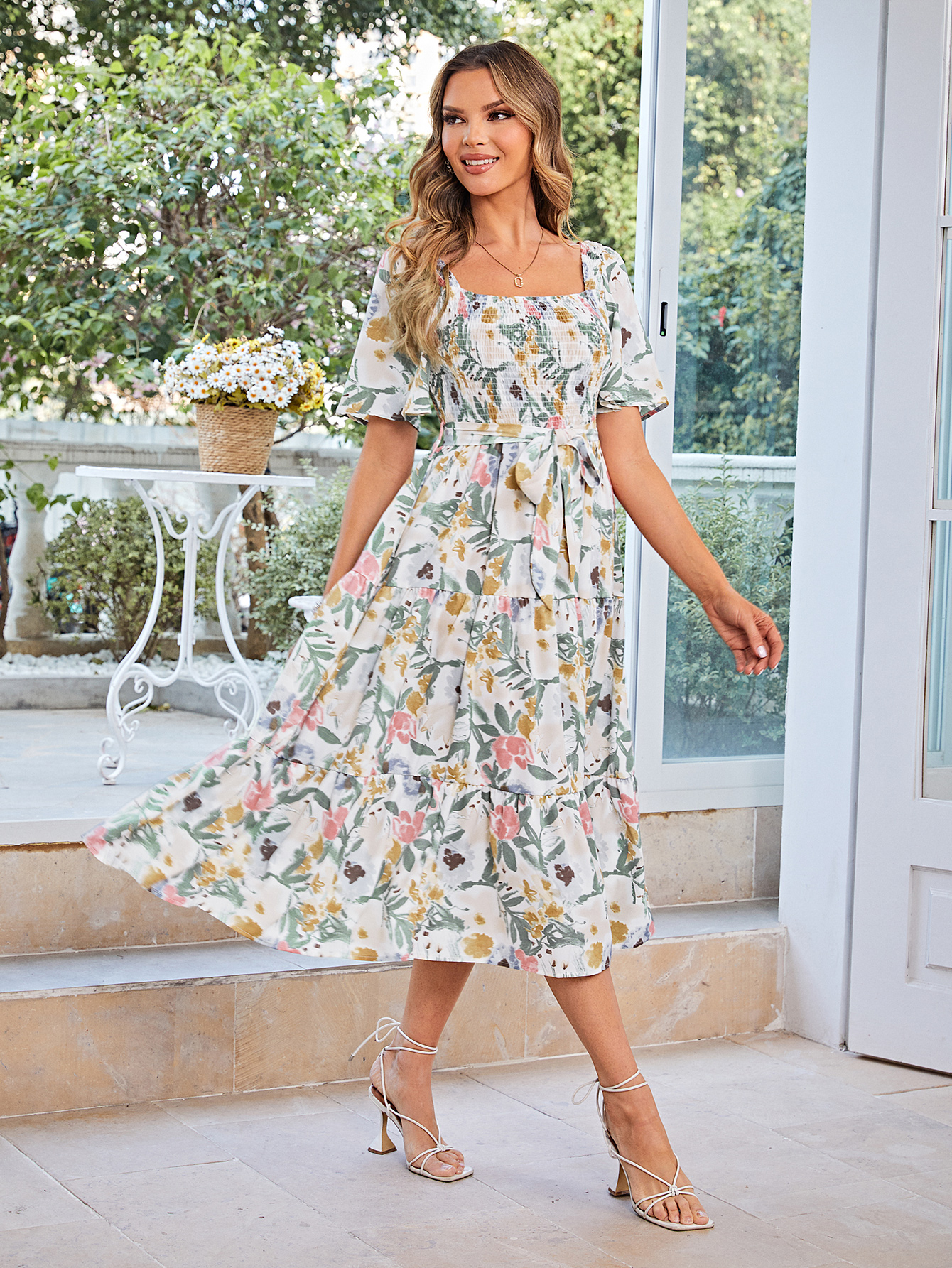 Floral Smocked Square Neck Short Sleeve Midi Dress