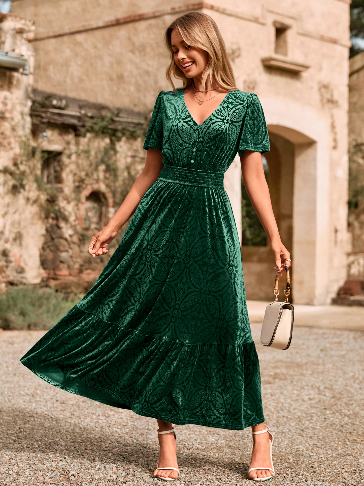 Velvet Floral V Neck Wedding Guest Maxi Dress - Glamaker