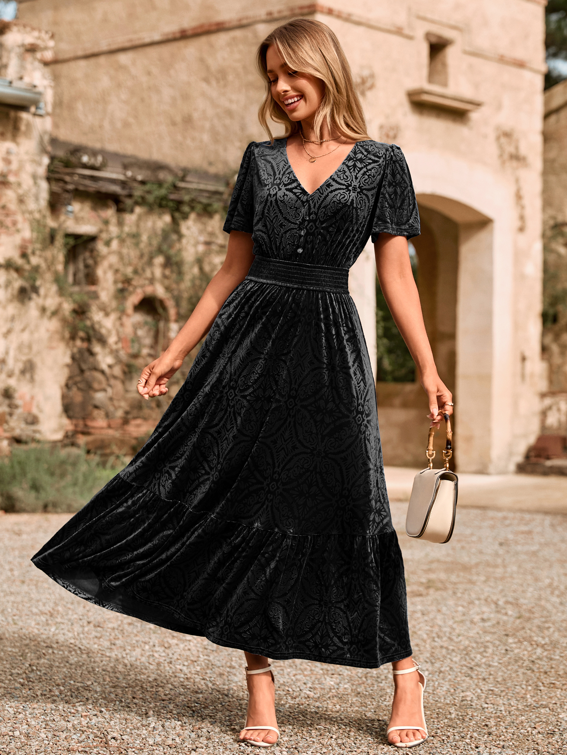 Velvet Floral V Neck Wedding Guest Maxi Dress - Black