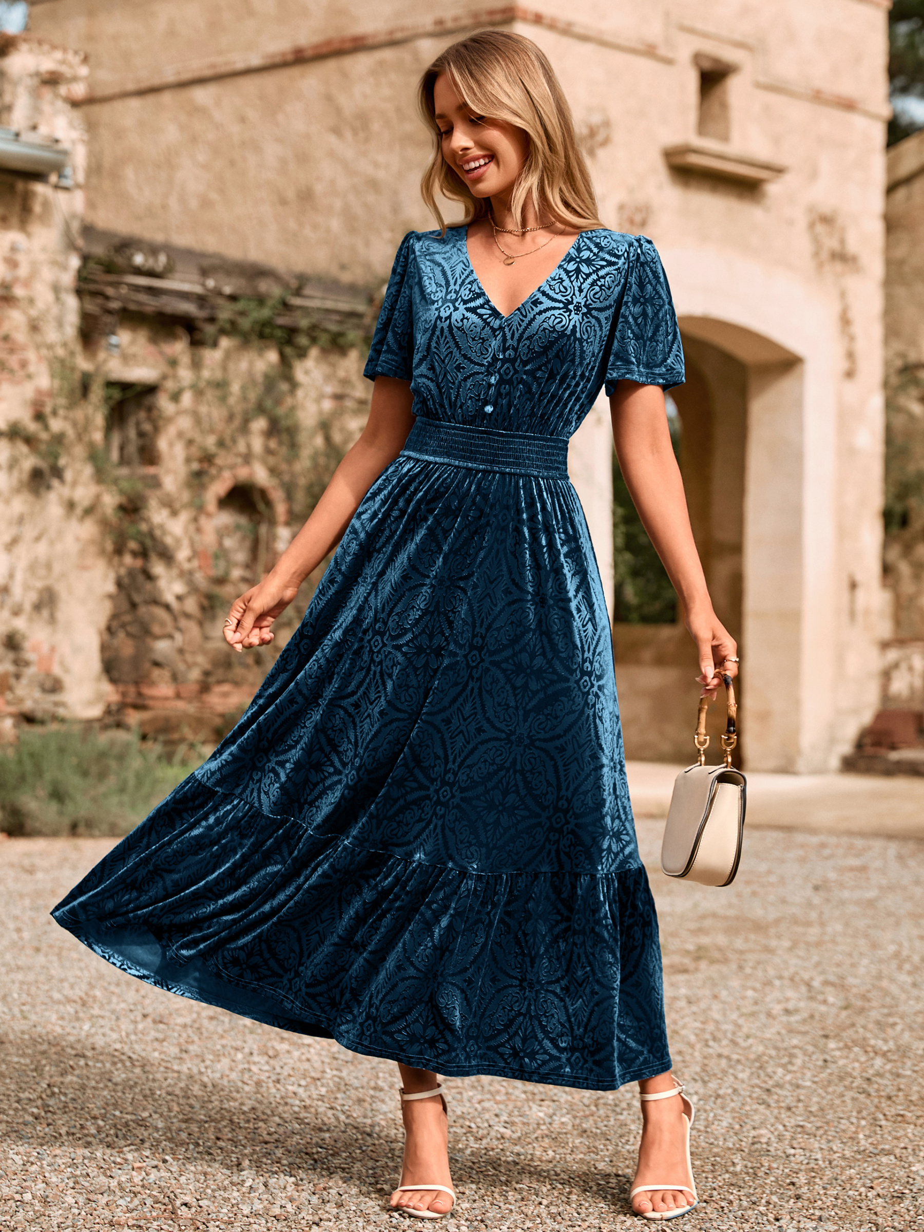 Velvet Floral V Neck Wedding Guest Maxi Dress - Dark Blue