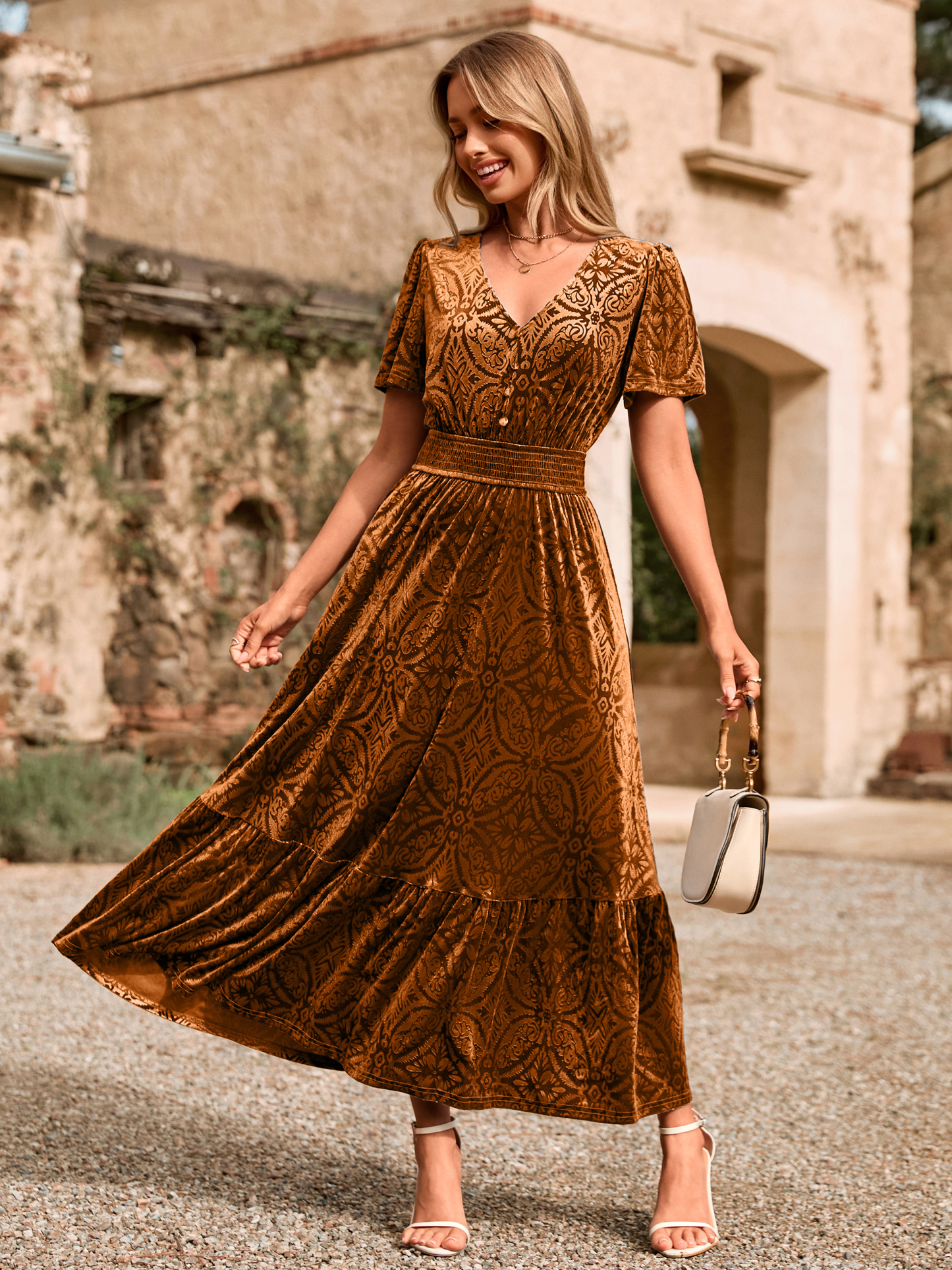 Velvet Floral V Neck Wedding Guest Maxi Dress - Burnt Orange