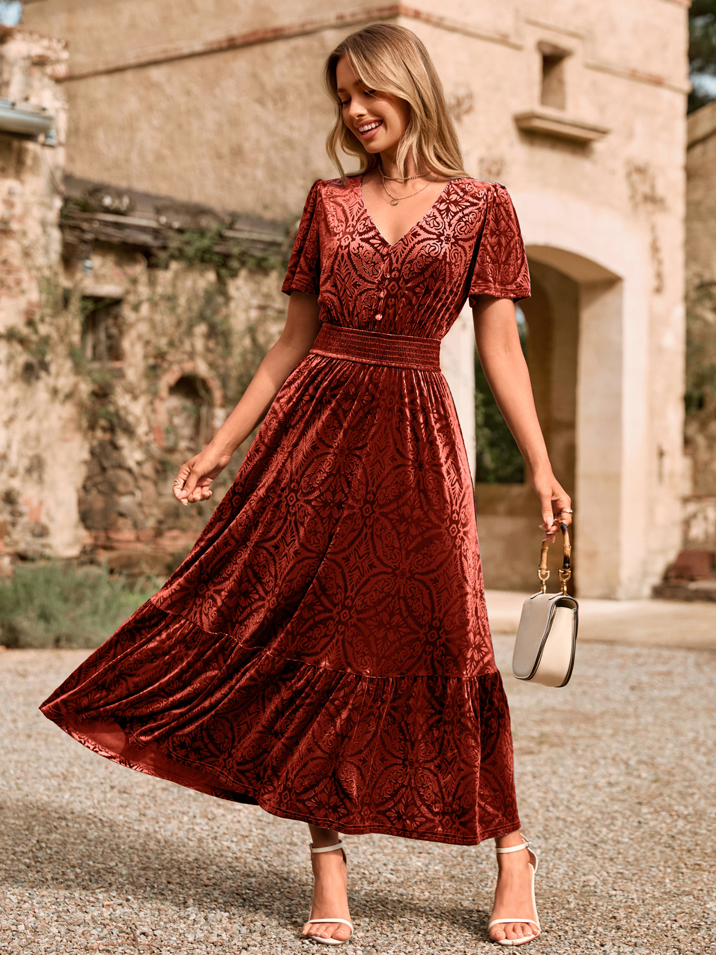 Velvet Floral V Neck Wedding Guest Maxi Dress - Rust Red