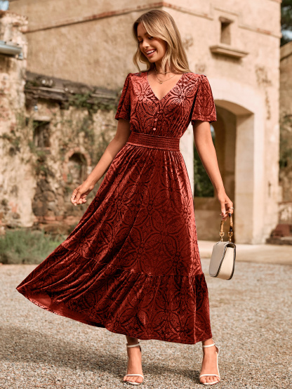 Velvet Floral V Neck Wedding Guest Maxi Dress - Rust Red
