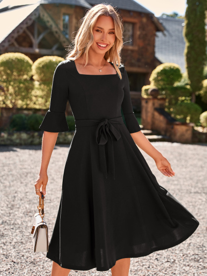 Elegant Sheath Wrap Detail Cocktail Midi Dress - Black