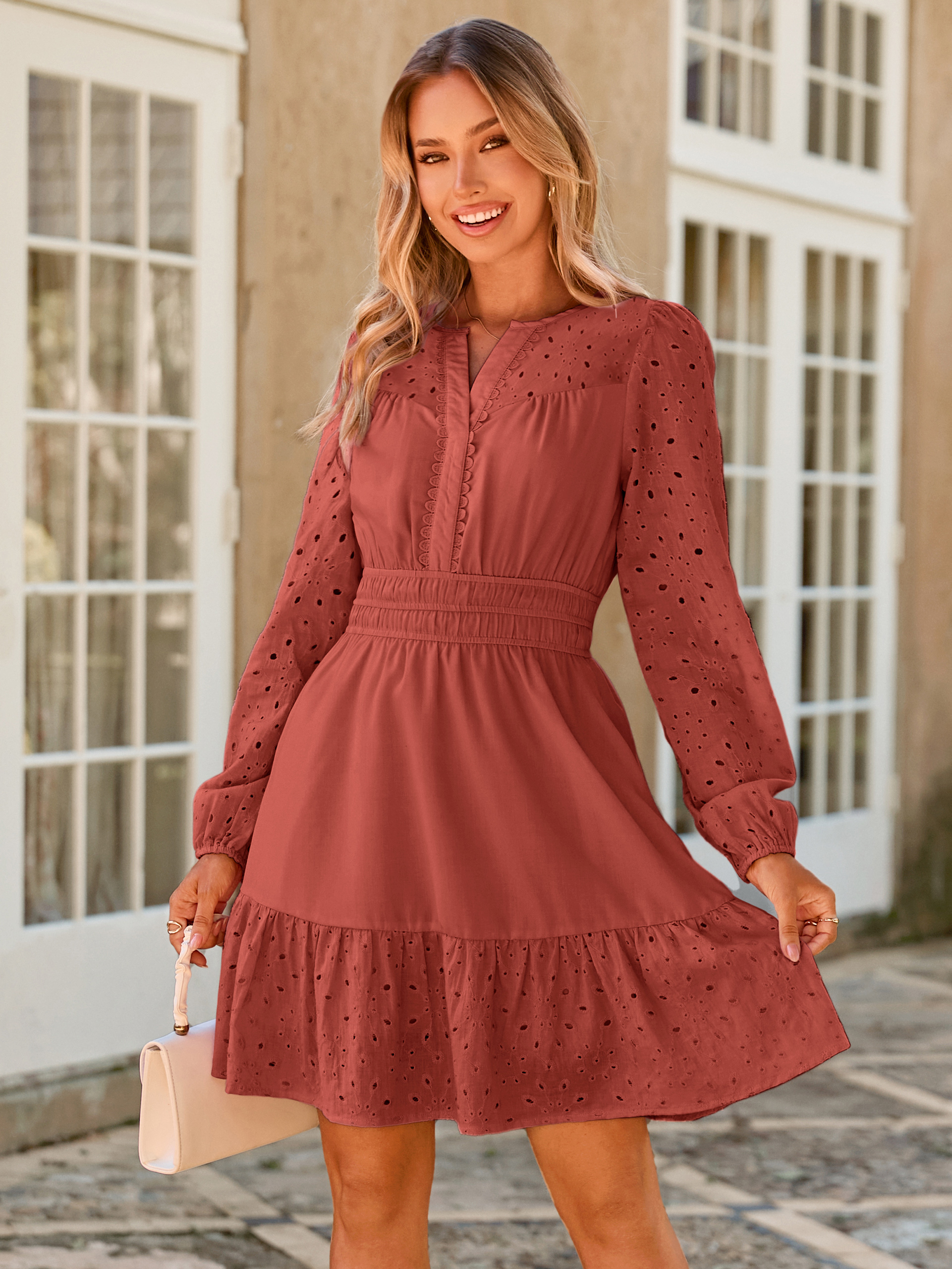 Eyelet V Neck Long Sleeve A Line Mini Dress - Wine Red