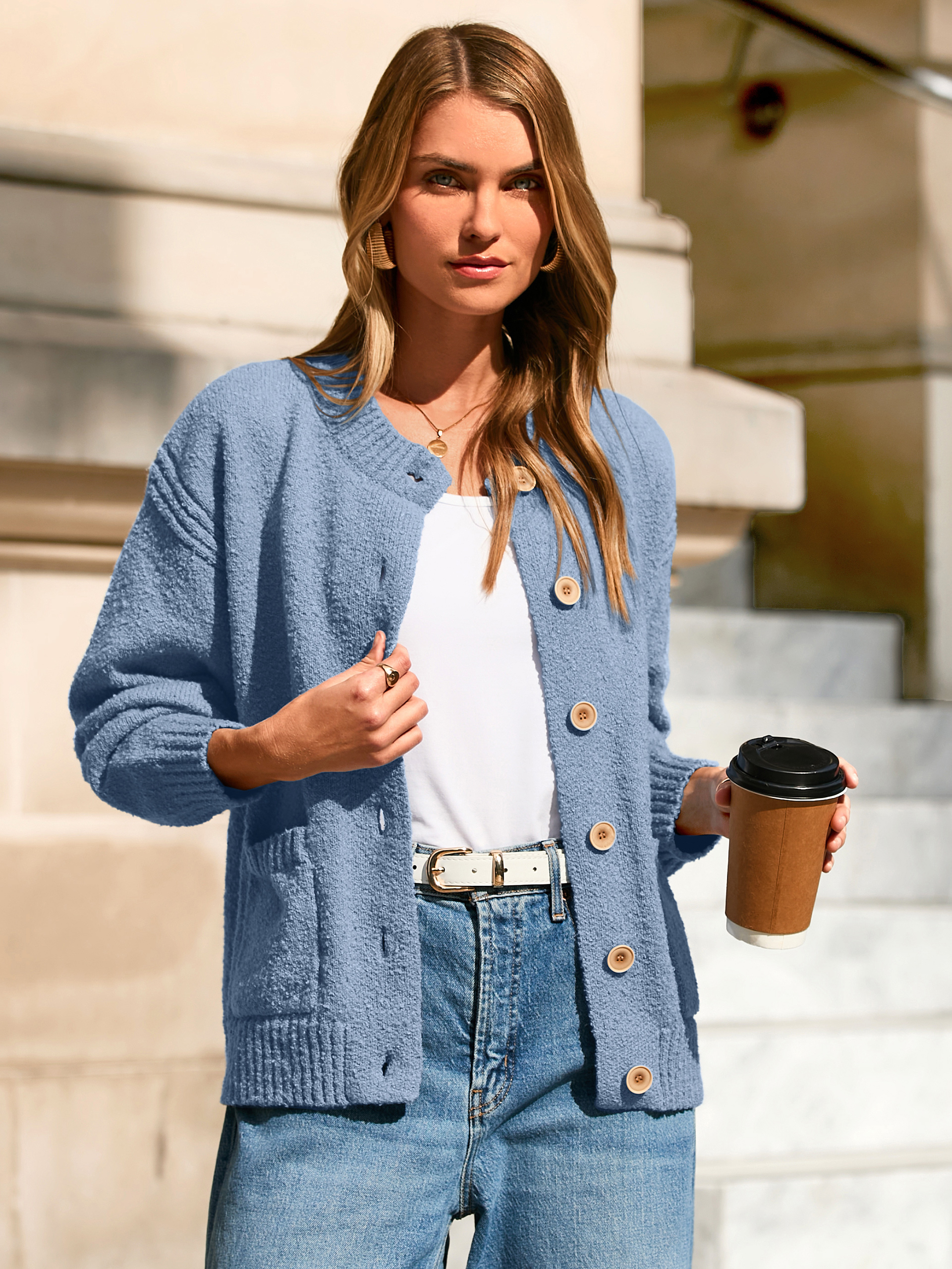Chunky Button Up Crew Neck Fall Cardigans Sweaters - Blue