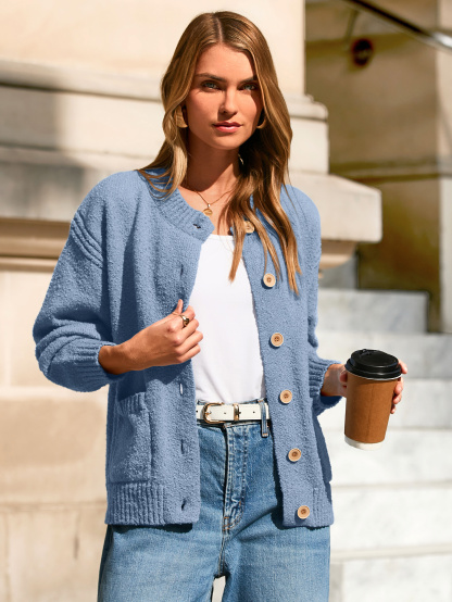 Chunky Button Up Crew Neck Fall Cardigans Sweaters - Blue