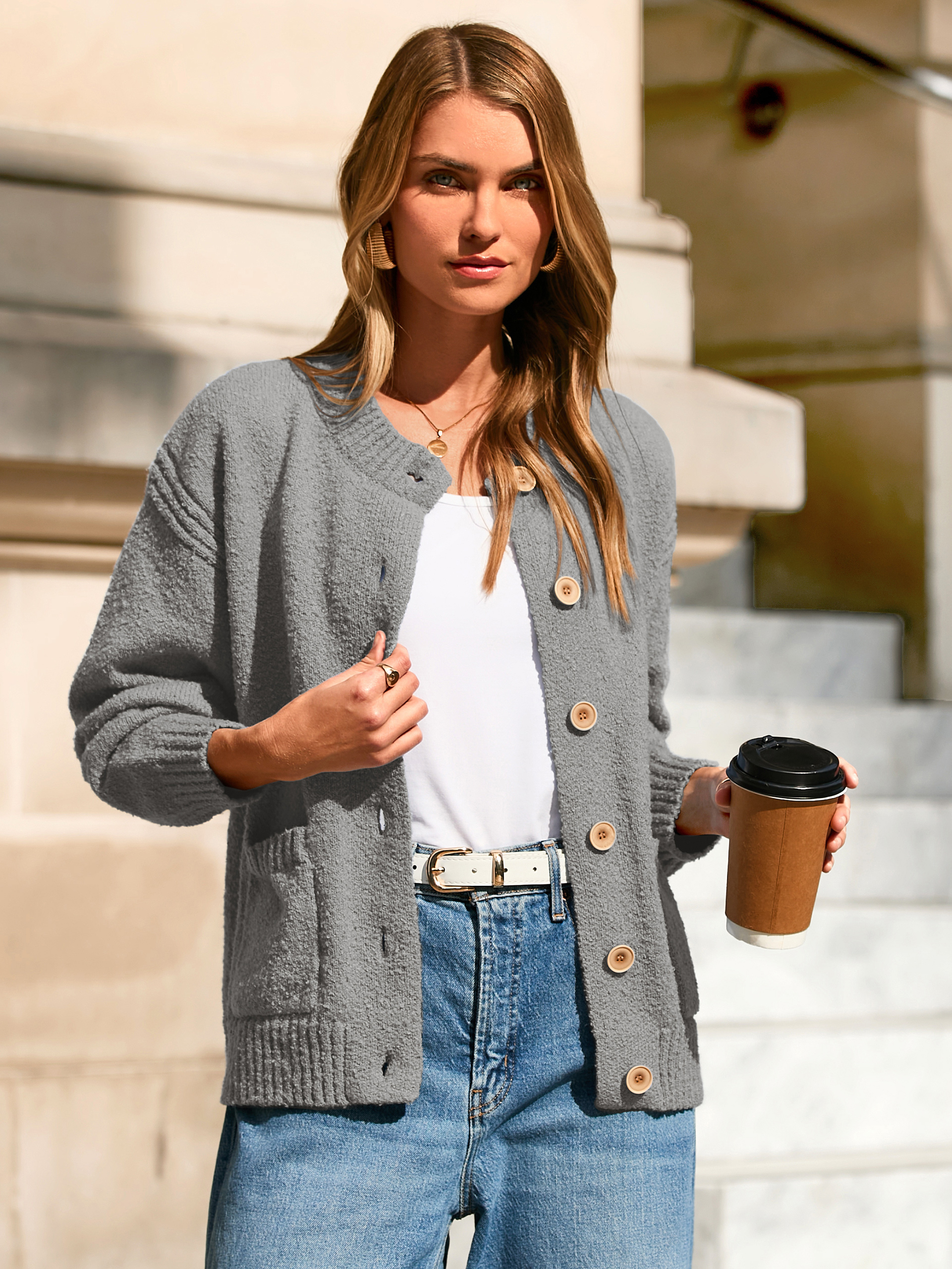 Chunky Button Up Crew Neck Fall Cardigans Sweaters - Grey