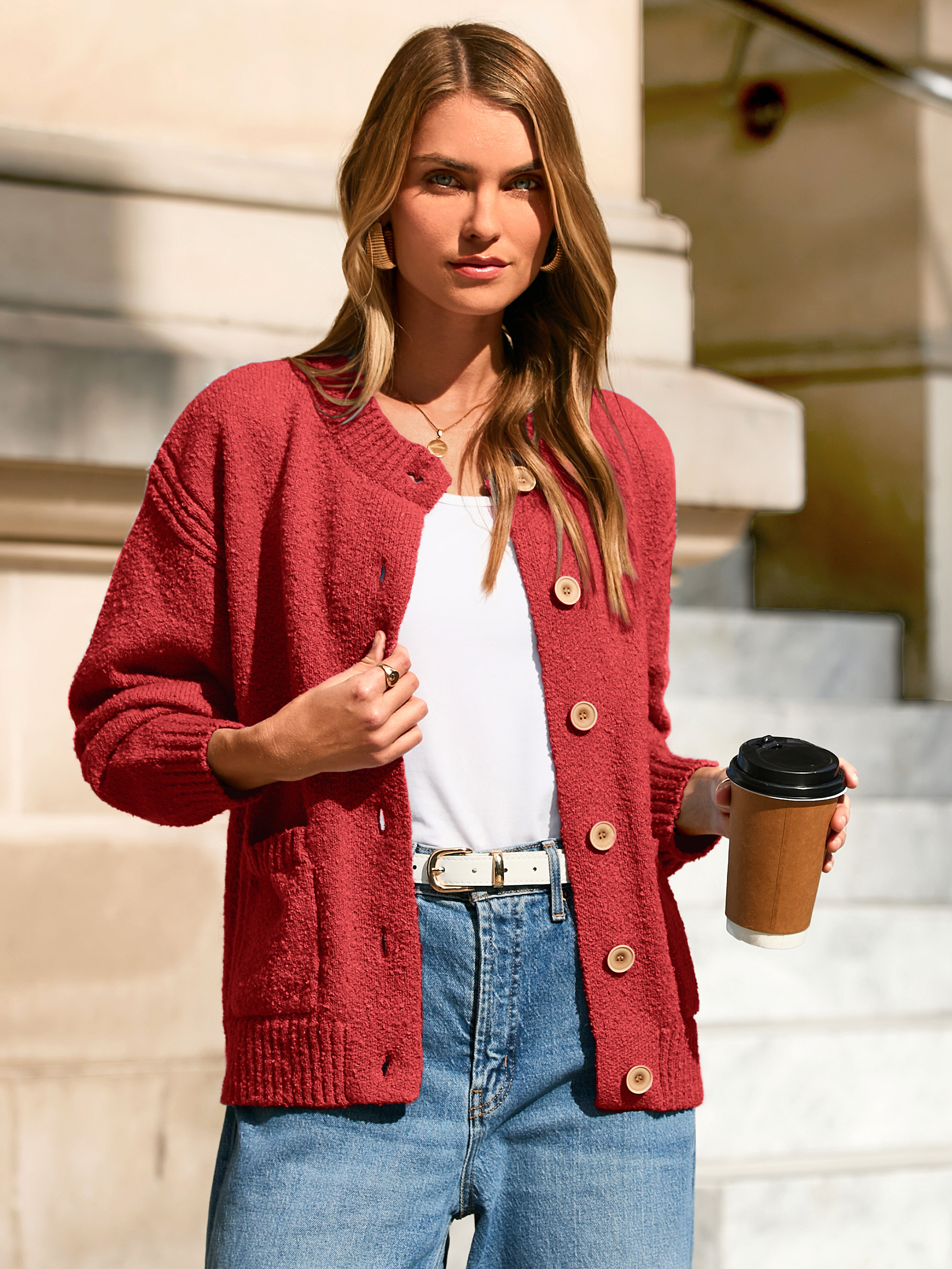 Chunky Button Up Crew Neck Fall Cardigans Sweaters - Red