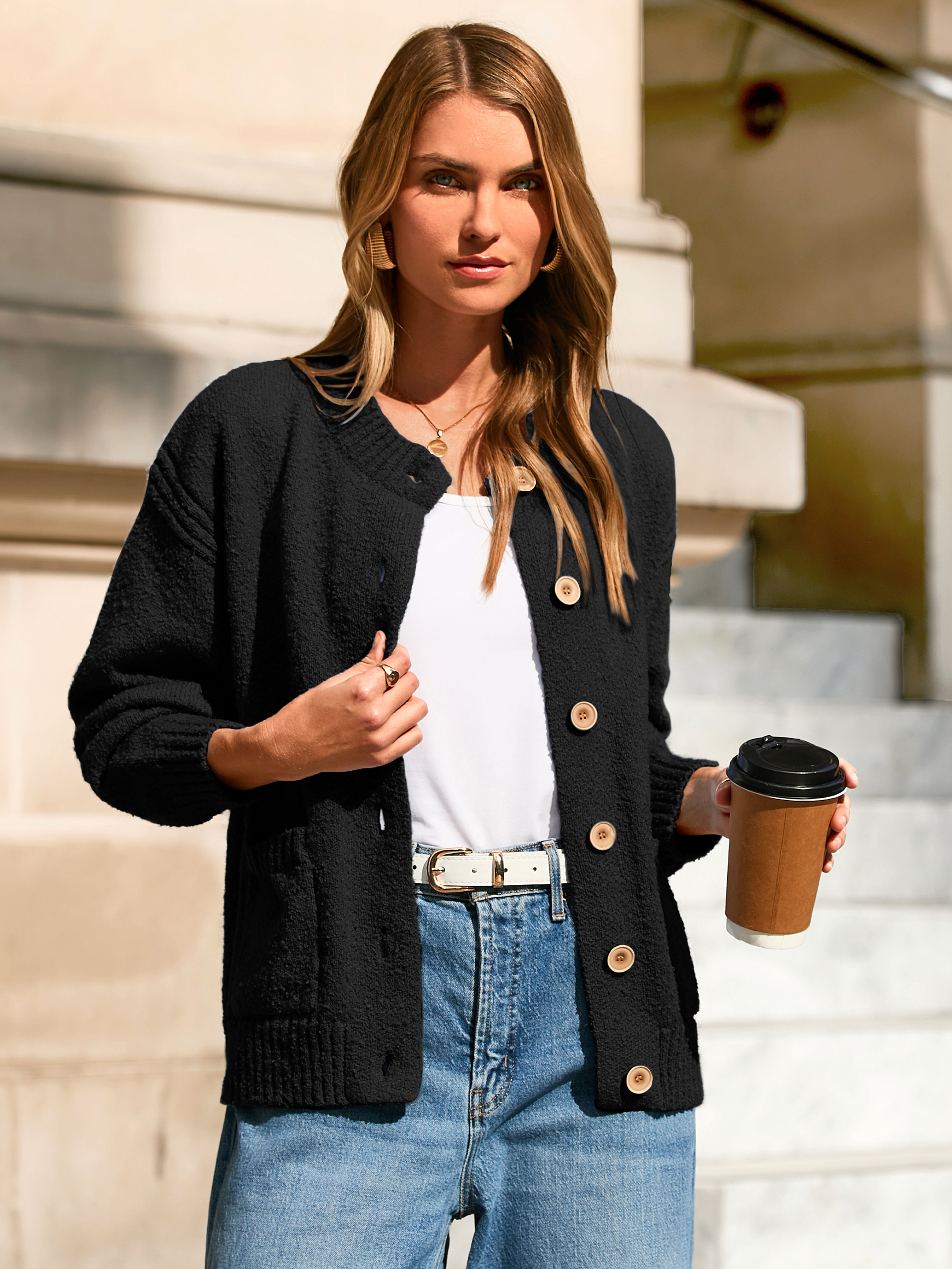 Chunky Button Up Crew Neck Fall Cardigans Sweaters - Black