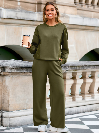 Lounge Two Piece Casual Set with Wide Pants - Army Green