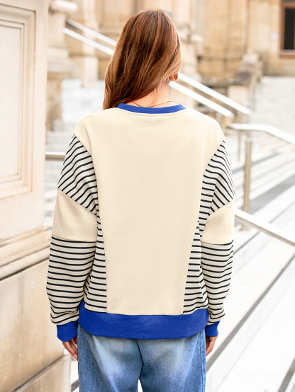 Striped Color Block Crewneck Drop Shoulder Sweatshirt - Blue Stripes