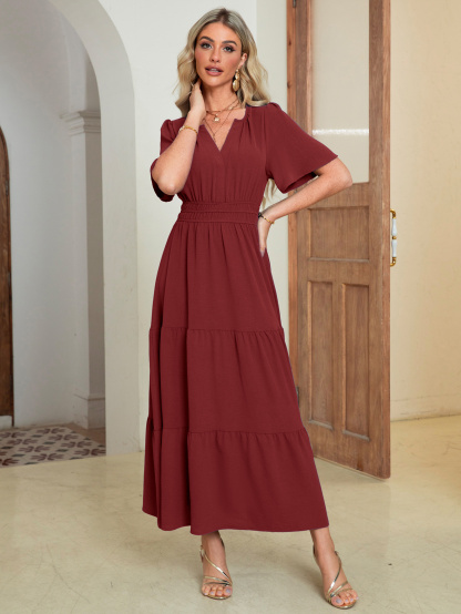 Somerset Flutter Sleeve Tiered Ruffle Maxi Dress - Burgundy