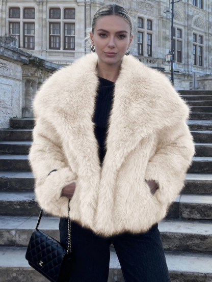 Luxurious Faux Fur Short Coat with Shawl Collar - Apricot