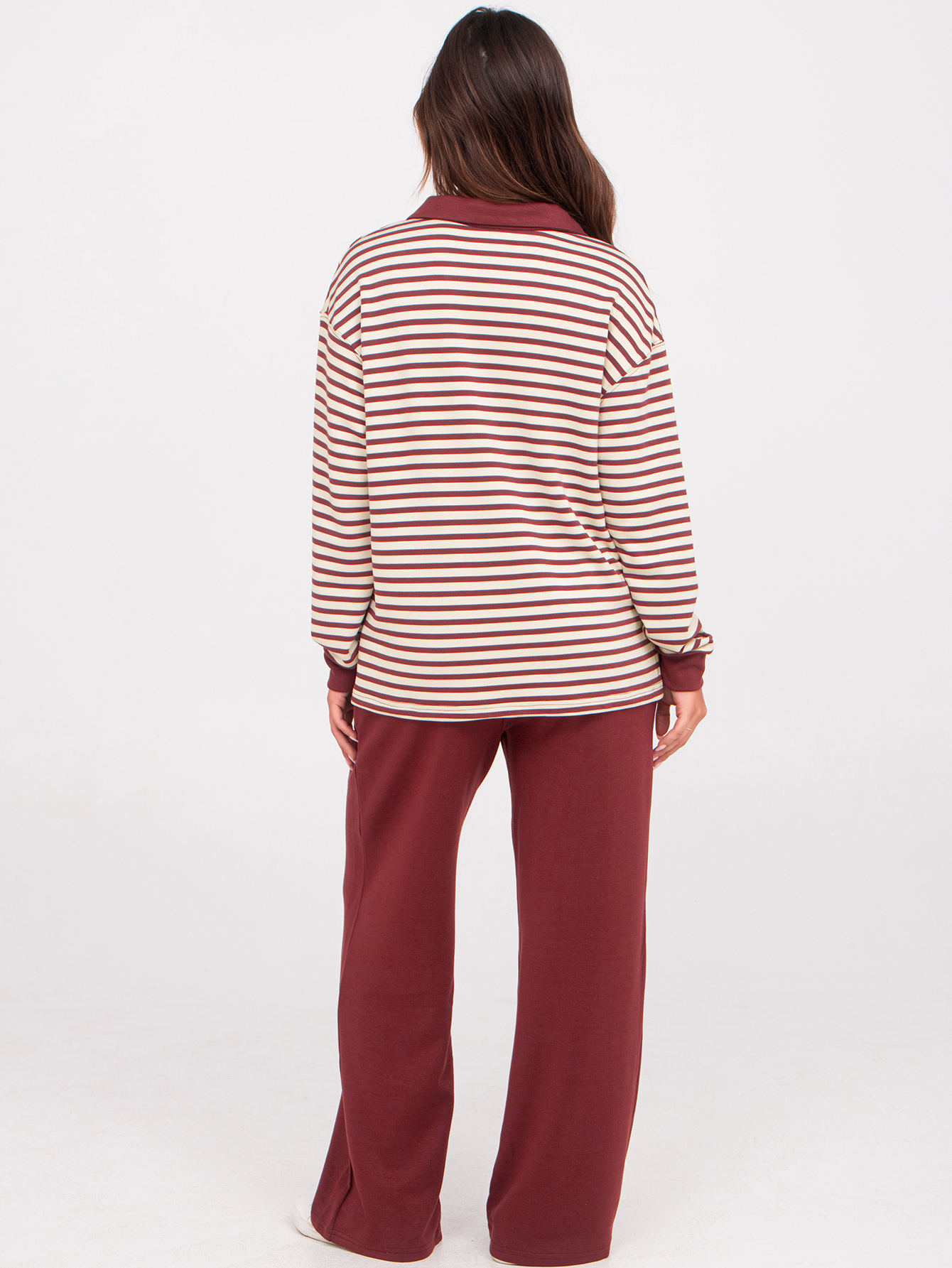 V-Neck Polo Striped Top Wide Leg Lounge Set - Striped Burgundy