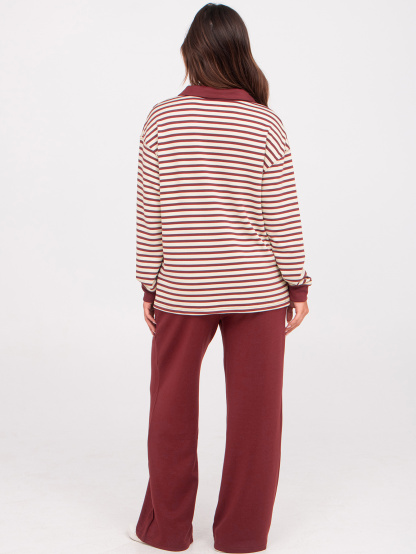 V-Neck Polo Striped Top Wide Leg Lounge Set - Striped Burgundy
