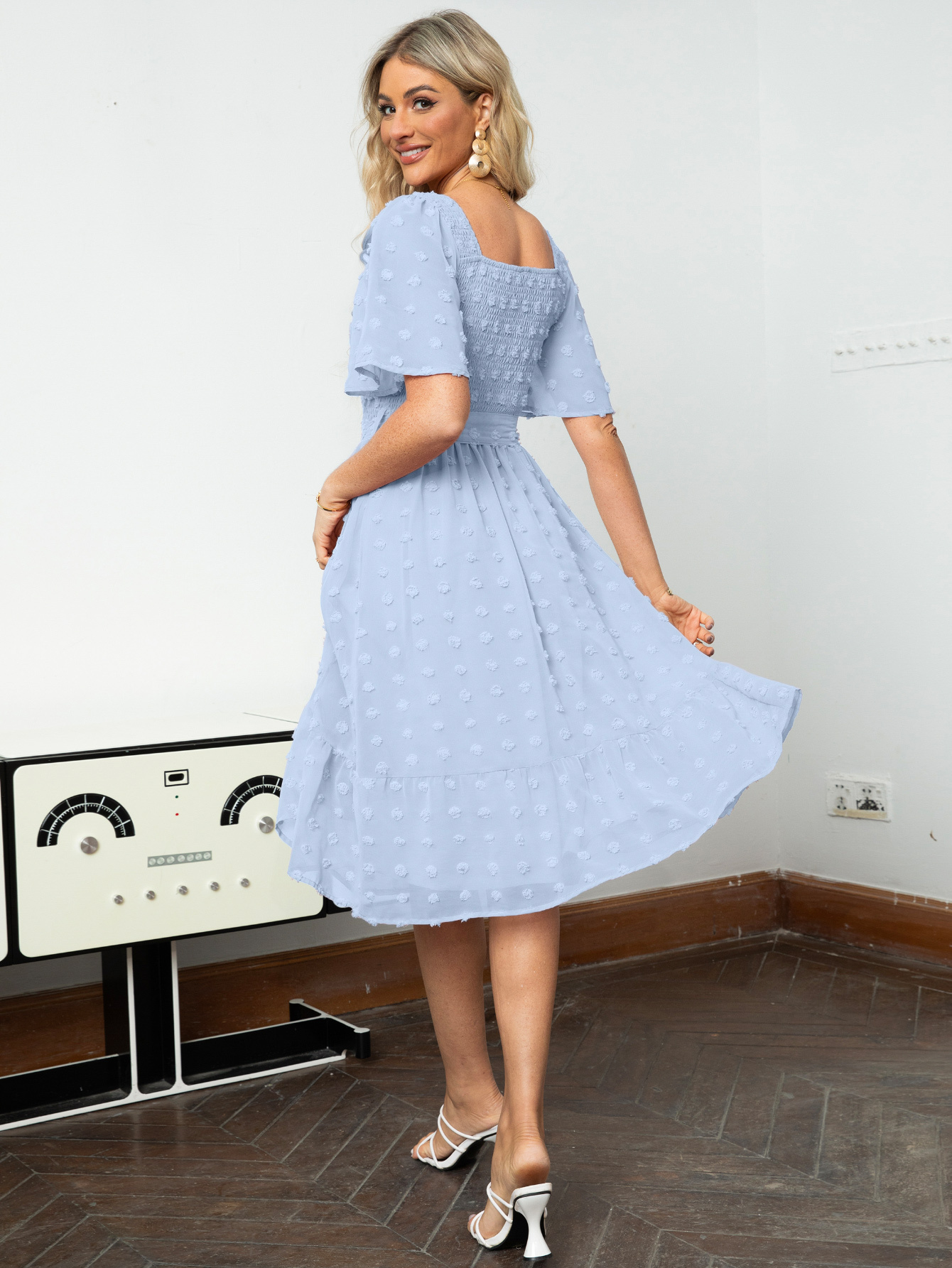Square Neck Swiss Dot Ruffle Tie Waist Midi Dress - Light Blue