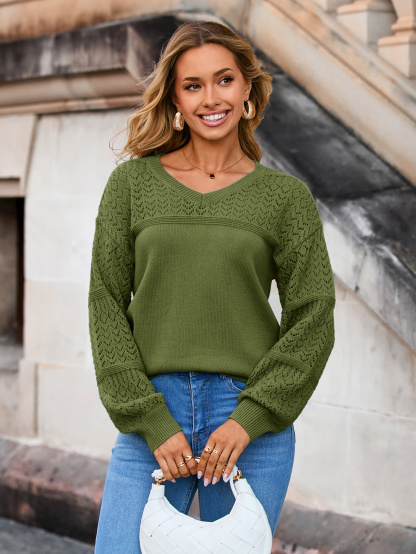 V Neck Cable Knit Cotton Pullover Sweater
