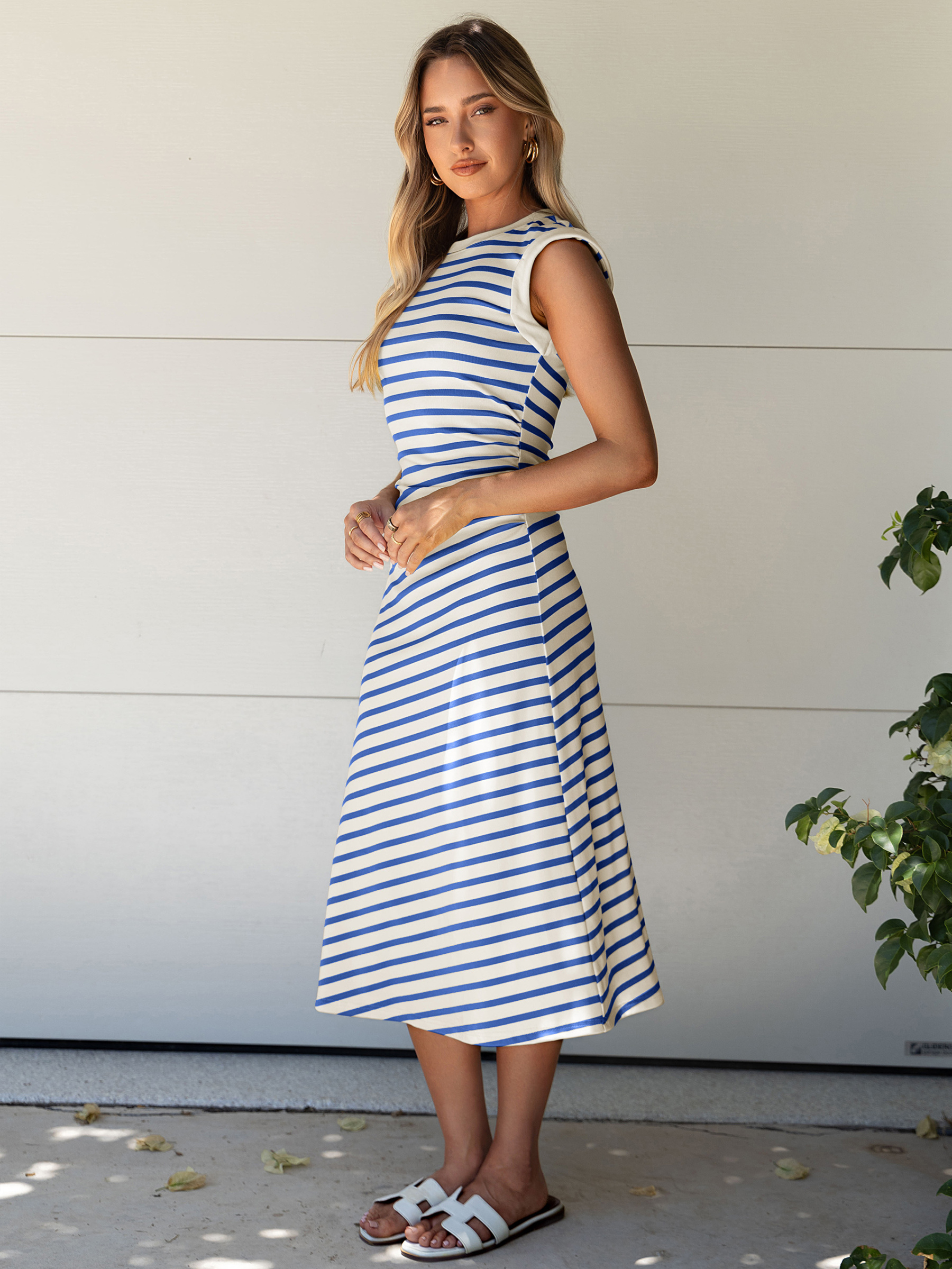 Striped Sleeveless Crew Neck A-Line Midi Dress