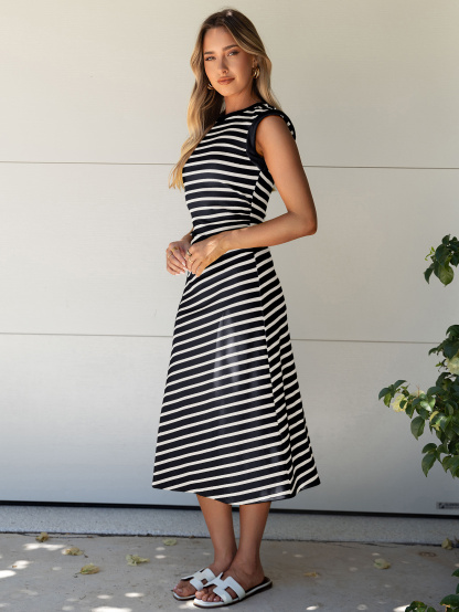 Striped Sleeveless Crew Neck A-Line Midi Dress