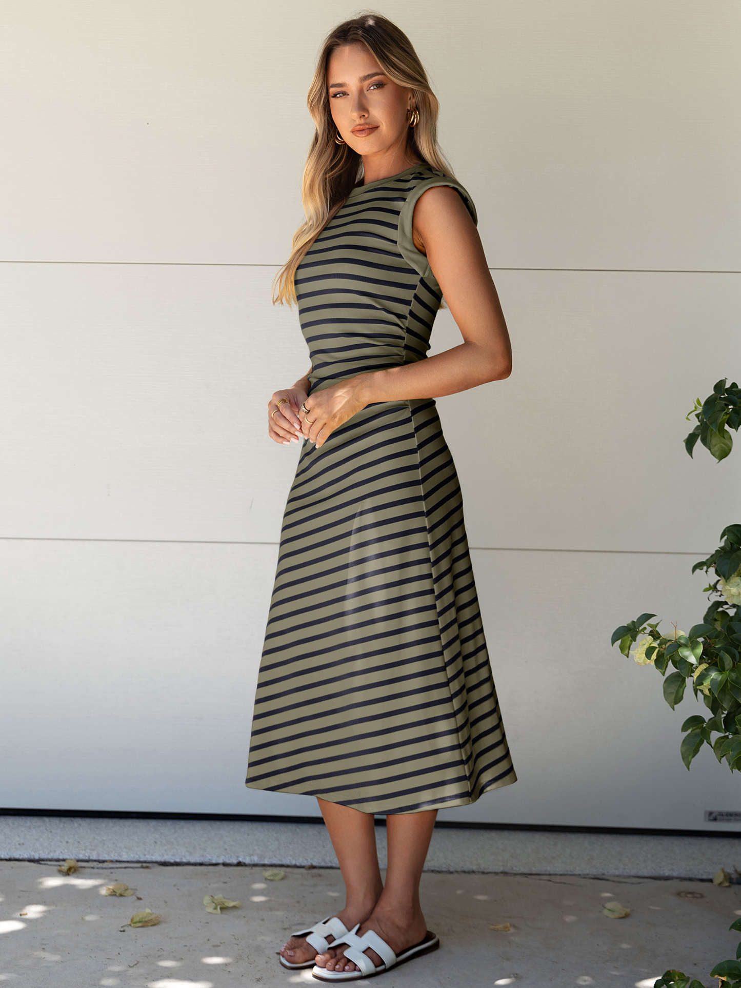 Striped Sleeveless Crew Neck A-Line Midi Dress