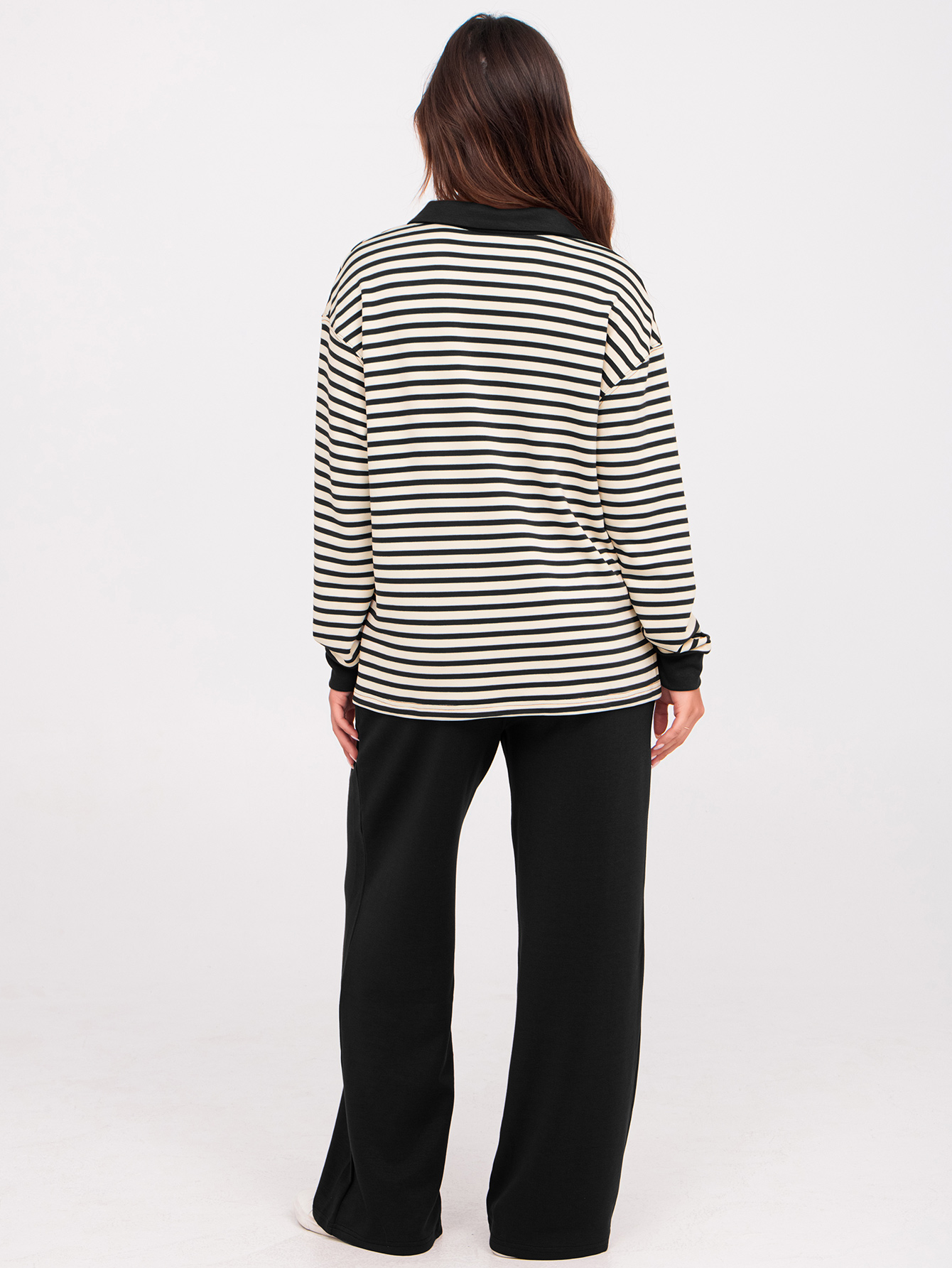 V-Neck Polo Striped Top Wide Leg Lounge Set