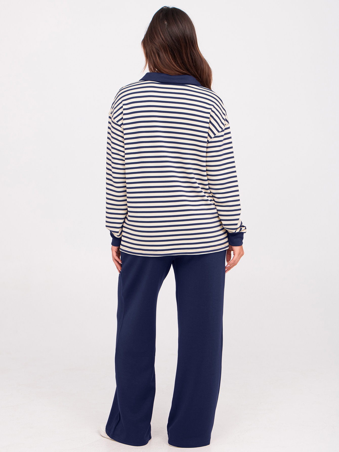 V-Neck Polo Striped Top Wide Leg Lounge Set