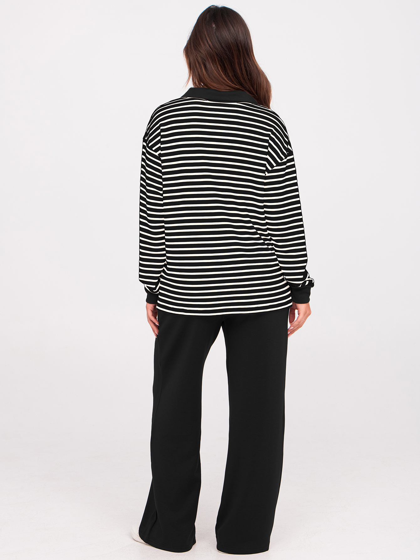 V-Neck Polo Striped Top Wide Leg Lounge Set