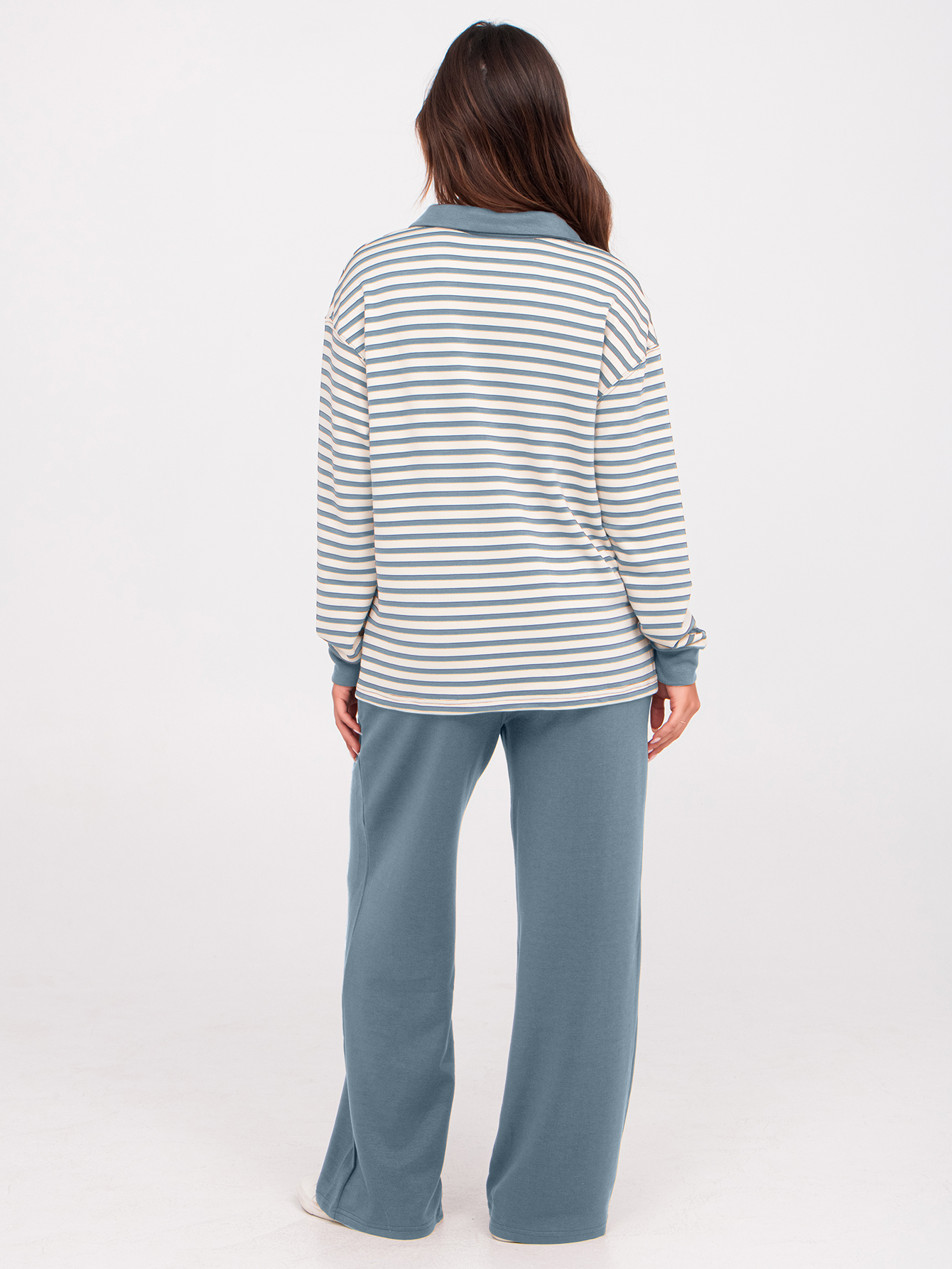 V-Neck Polo Striped Top Wide Leg Lounge Set