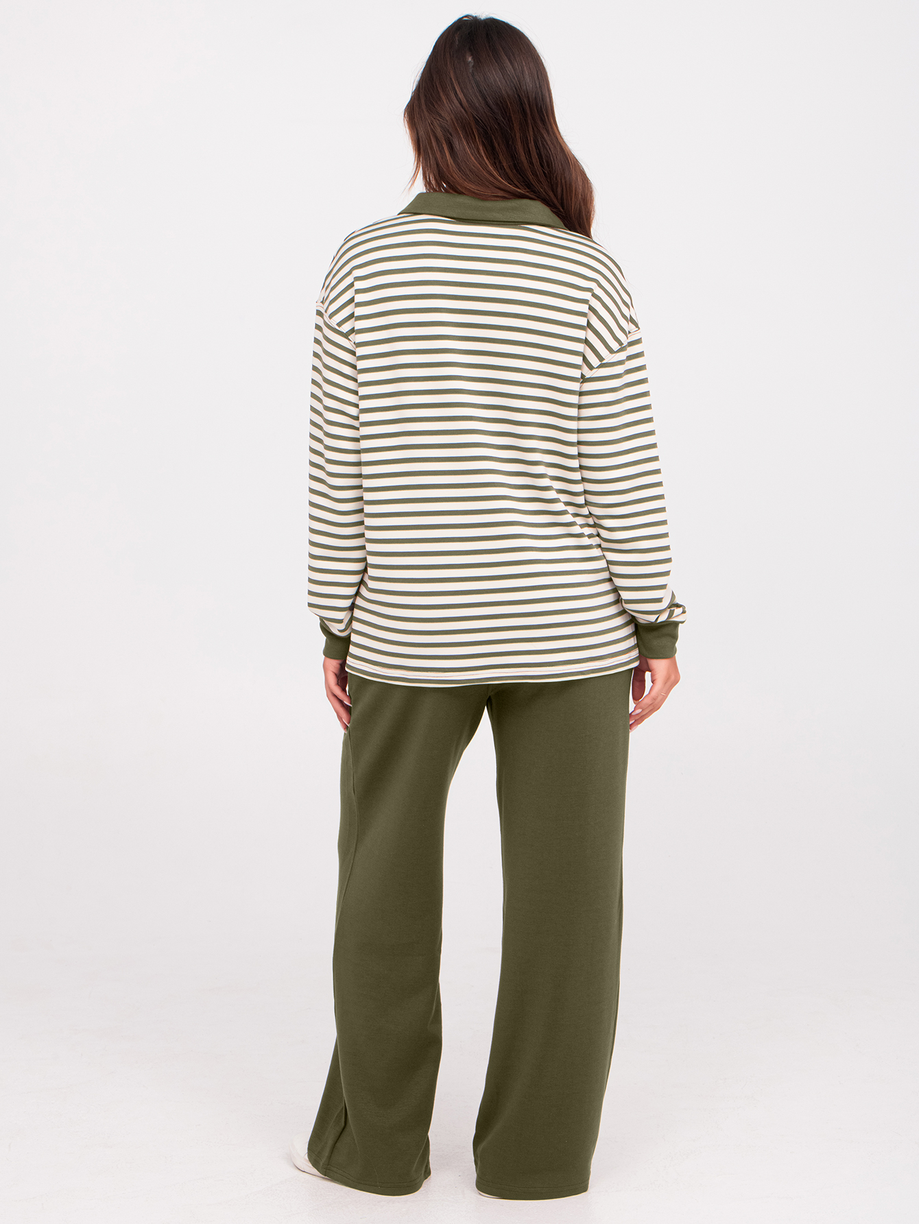 V-Neck Polo Striped Top Wide Leg Lounge Set