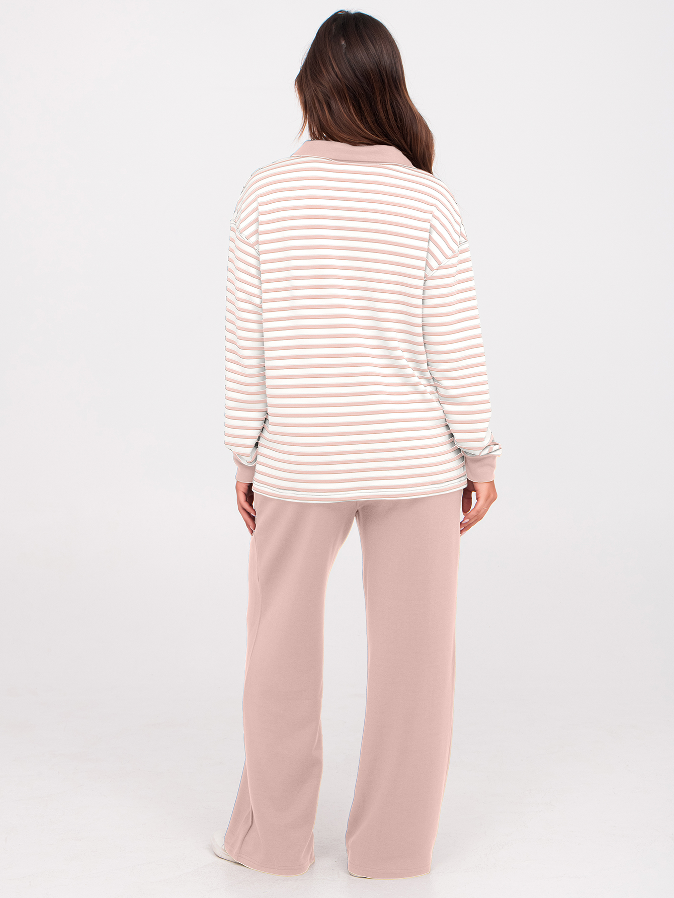 V-Neck Polo Striped Top Wide Leg Lounge Set