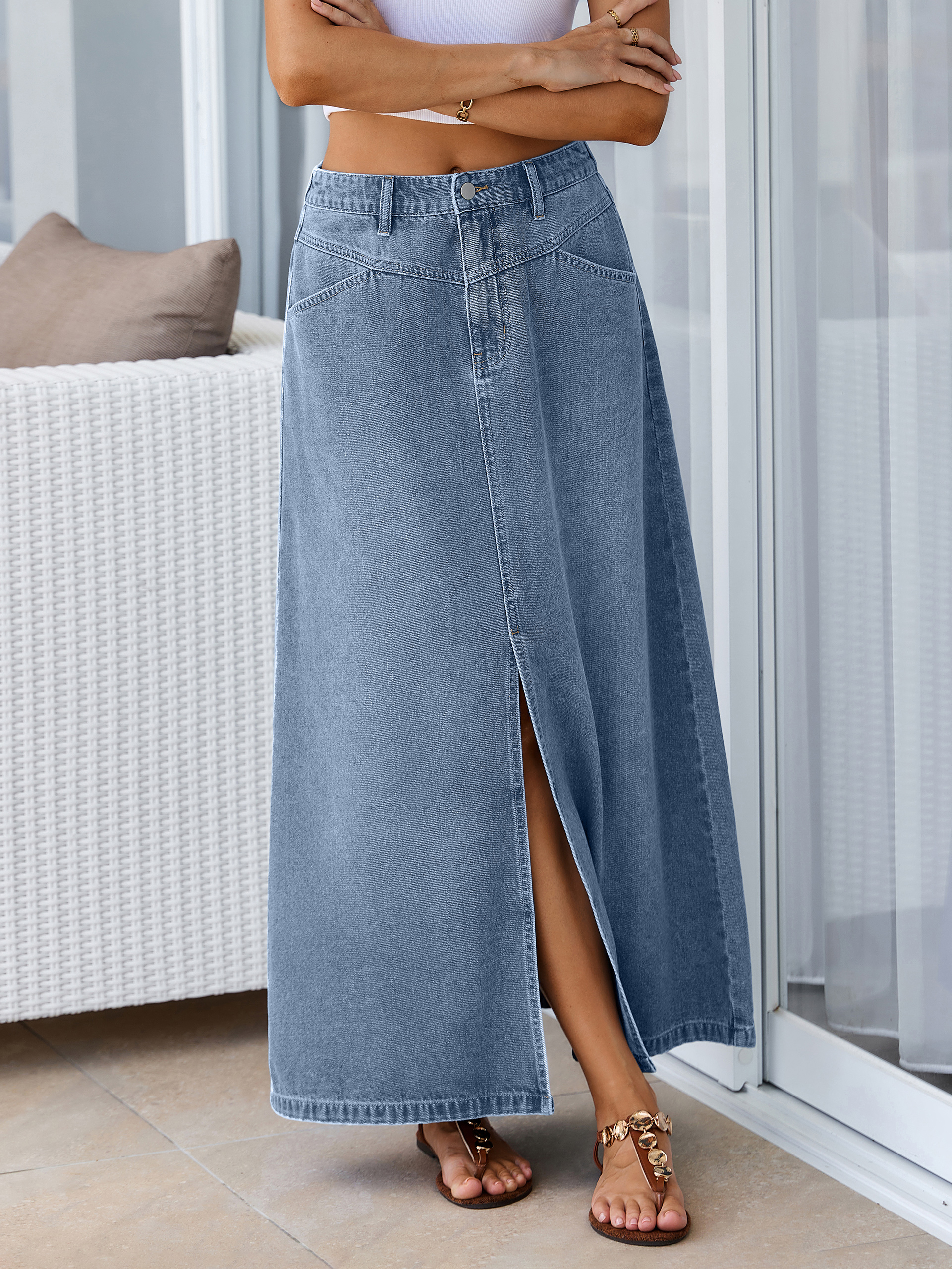 High Waisted Front Slit A-Line Denim Maxi Skirt - Denim Light Blue