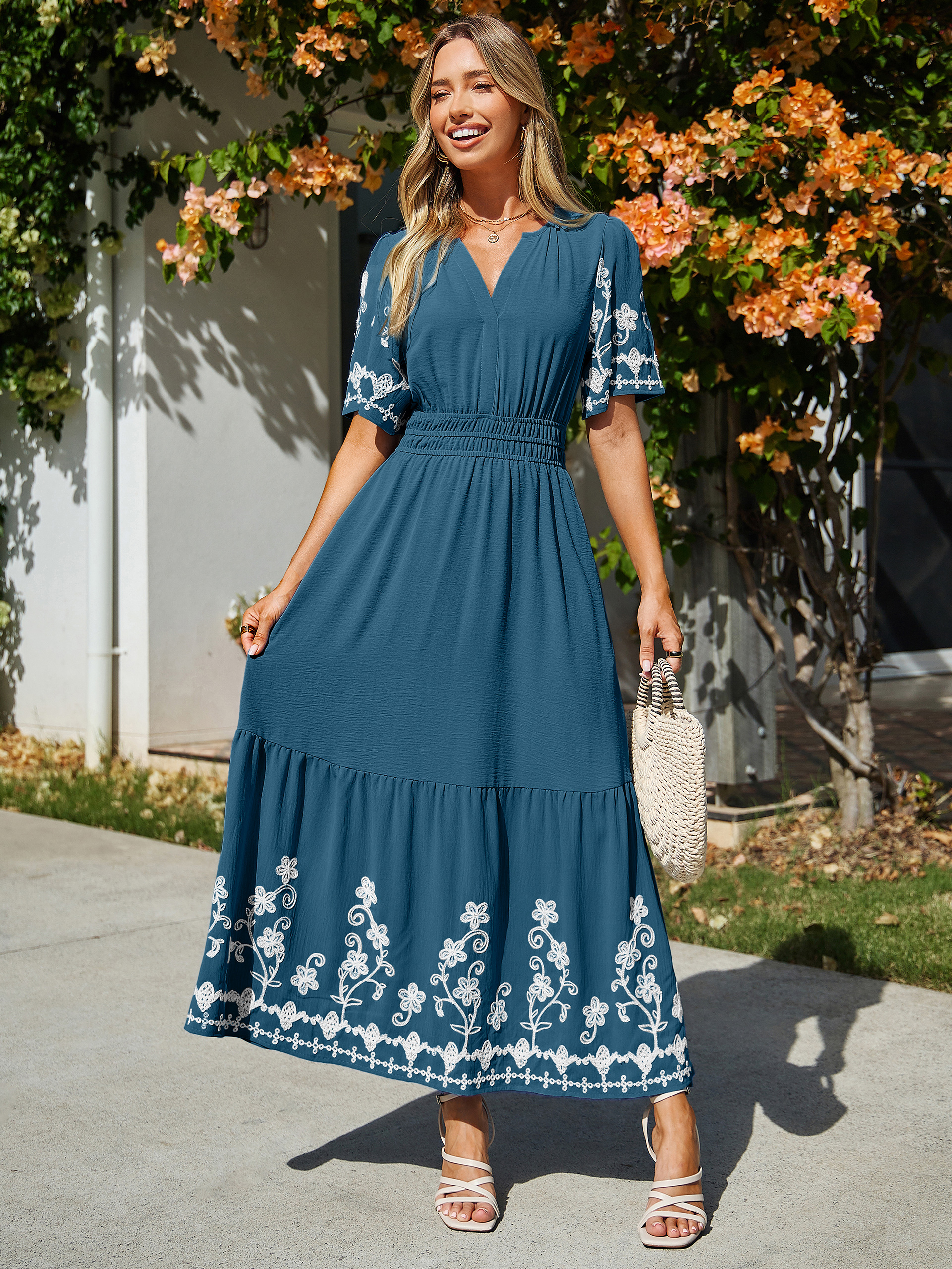Floral Embroidery V-Neck A-Line Maxi Dress