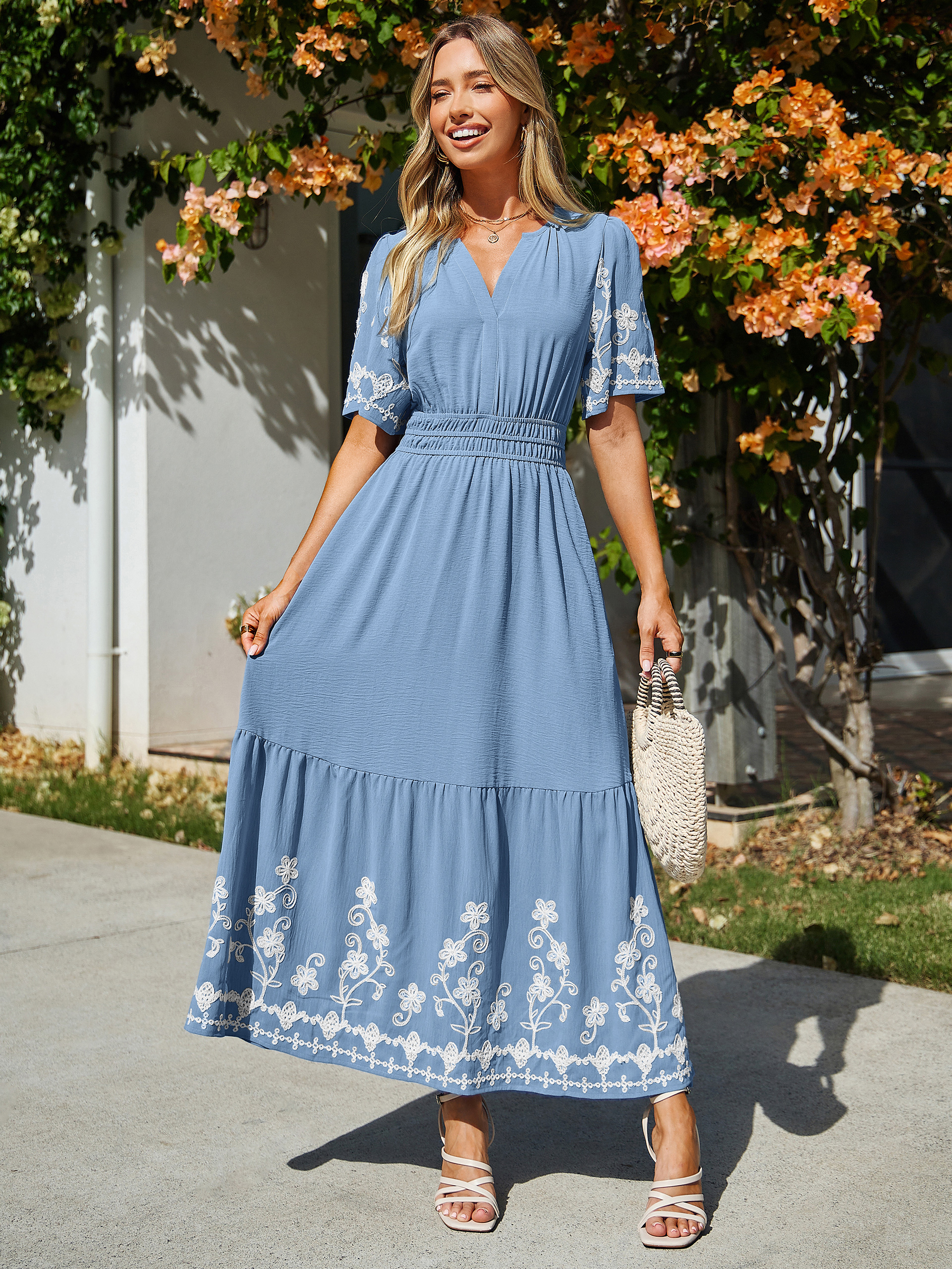 Floral Embroidery V-Neck A-Line Maxi Dress