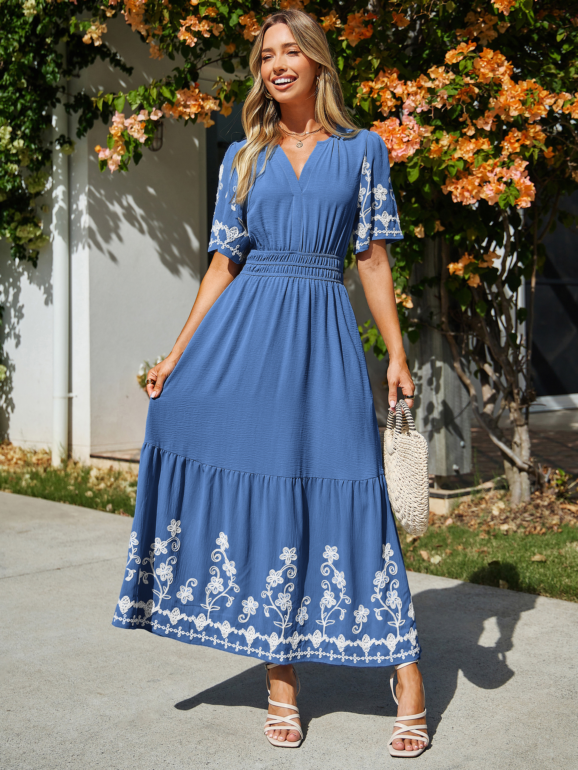 Floral Embroidery V-Neck A-Line Maxi Dress