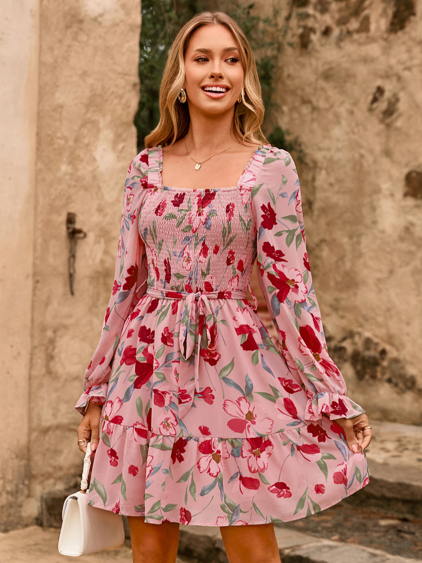 Boho Floral Chiffon Smocked Mini Dress - Glamaker